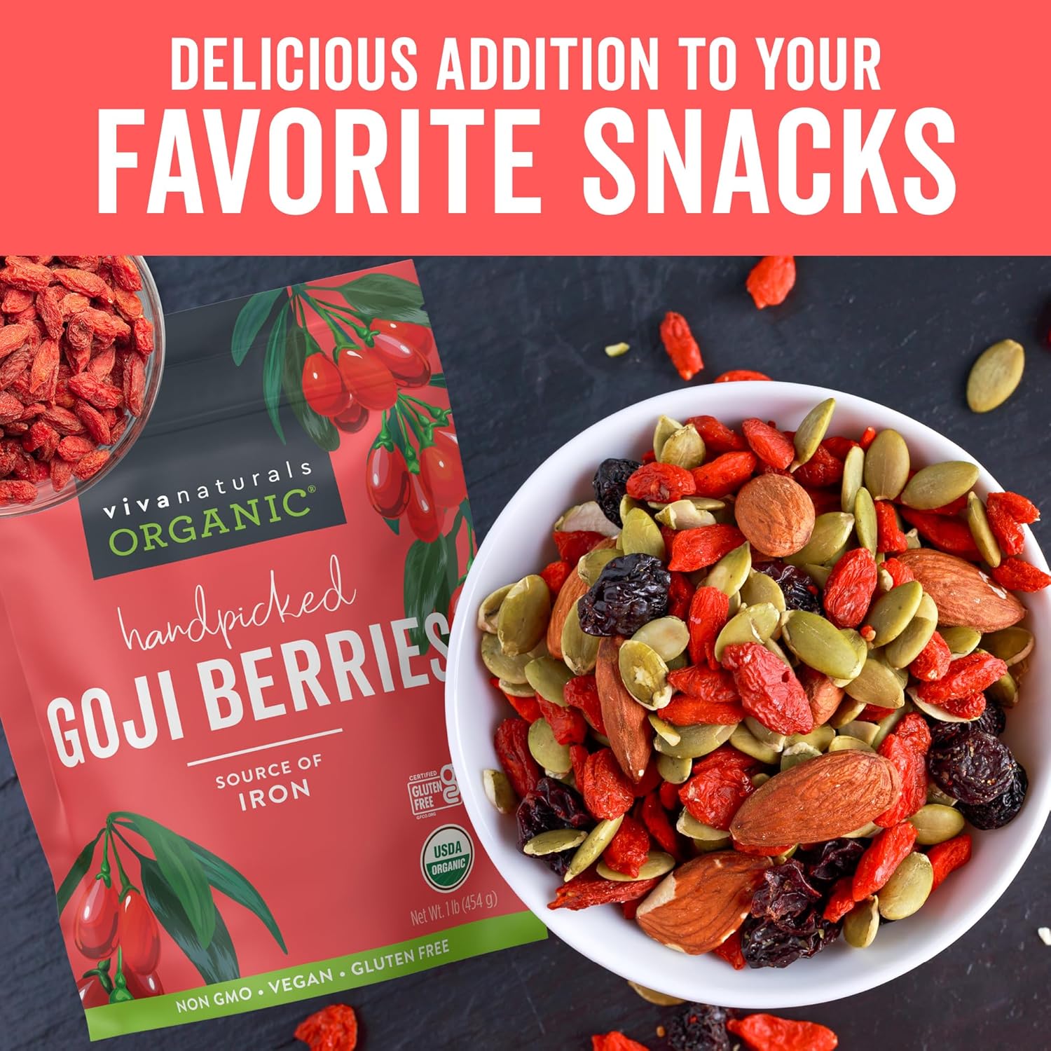Viva Naturals Organic Dried Goji Berries, 1 lb (454 g) ¨C Non-GMO, Vegan Wolfberries, Perfect for Goji Berry Tea, Smoothies, Baking Snacking