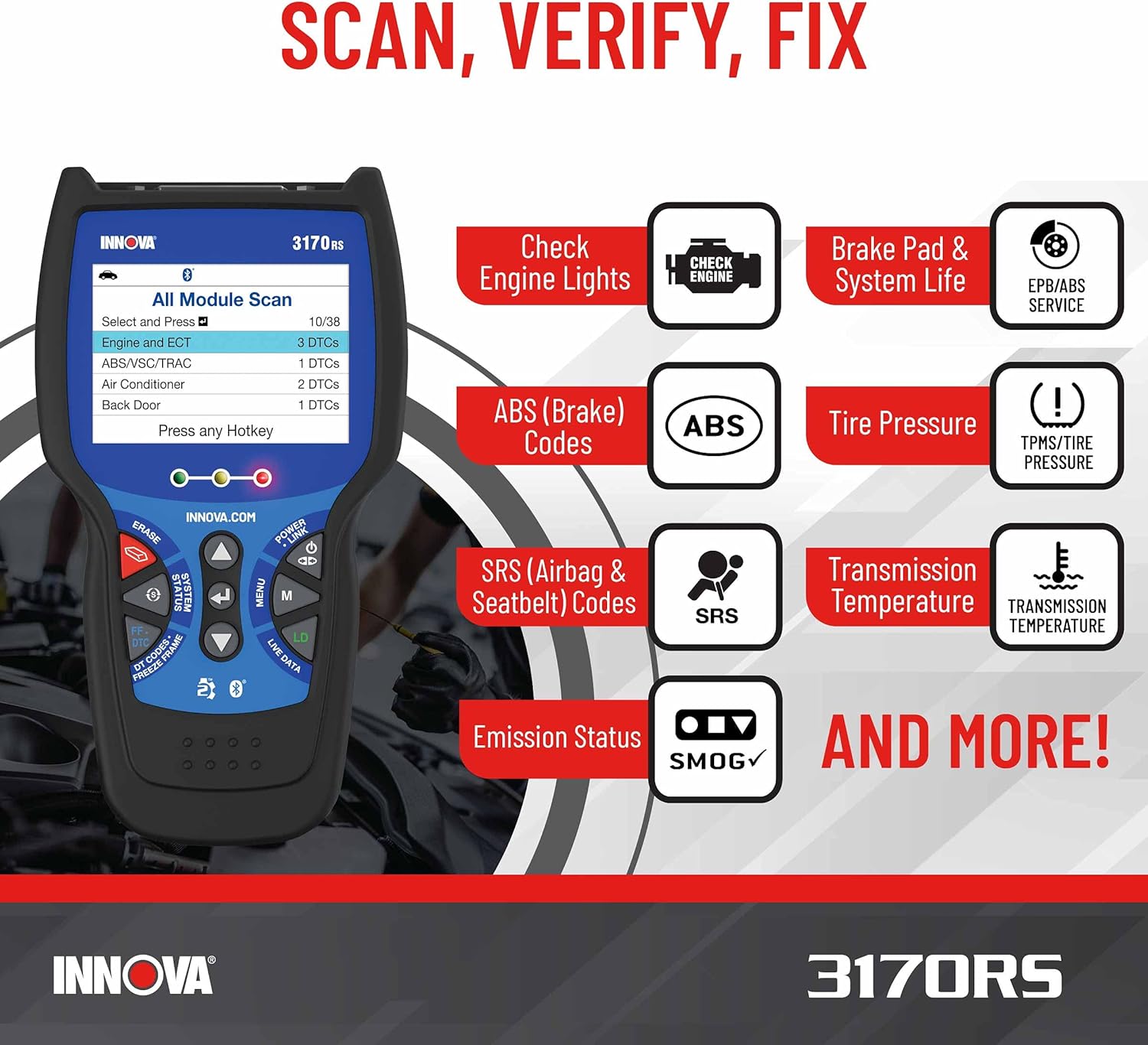 INNOV 3170R OBD OBD Scanner AB Bleede Sca Tool OBD Diagnostic Calipe Service Brak Pa Life Read/Eras ABS/SR Codes Rese Oi Light Liv Data Update Included