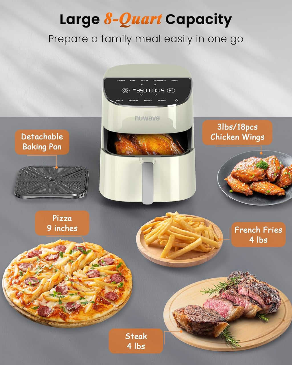 Nuwave Brio Plus Air Fryer 8 Qt, New & Improved, PFAS-FREE, 7 Digital One-Touch Cook Functions that AIR FRY, BAKE, ROAST, DEHYDRATE, TOAST, REHEAT, PREHEAT, 150 Presets, 50¡ãF~400¡ãF (Cream)