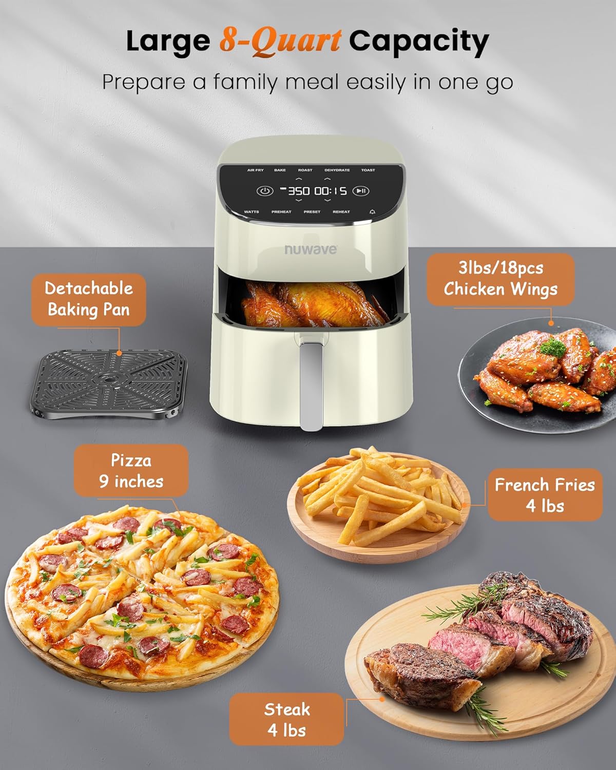 Nuwave Brio Plus Air Fryer 8 Qt, New & Improved, PFAS-FREE, 7 Digital One-Touch Cook Functions that AIR FRY, BAKE, ROAST, DEHYDRATE, TOAST, REHEAT, PREHEAT, 150 Presets, 50¡ãF~400¡ãF (Cream)