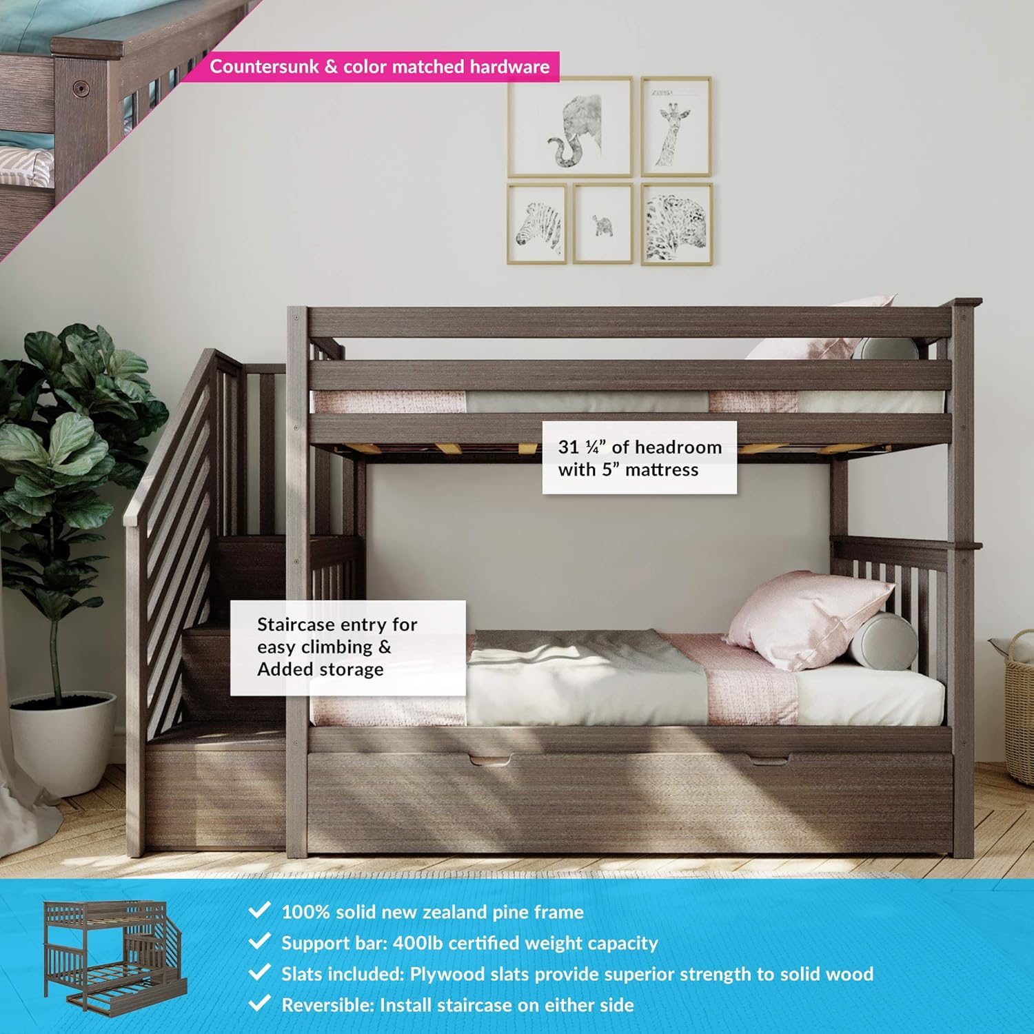 Max & Lily Bunk Bed, Twin-Over-Twin Bed Frame For Kids With Stairs and Trundle, Clay