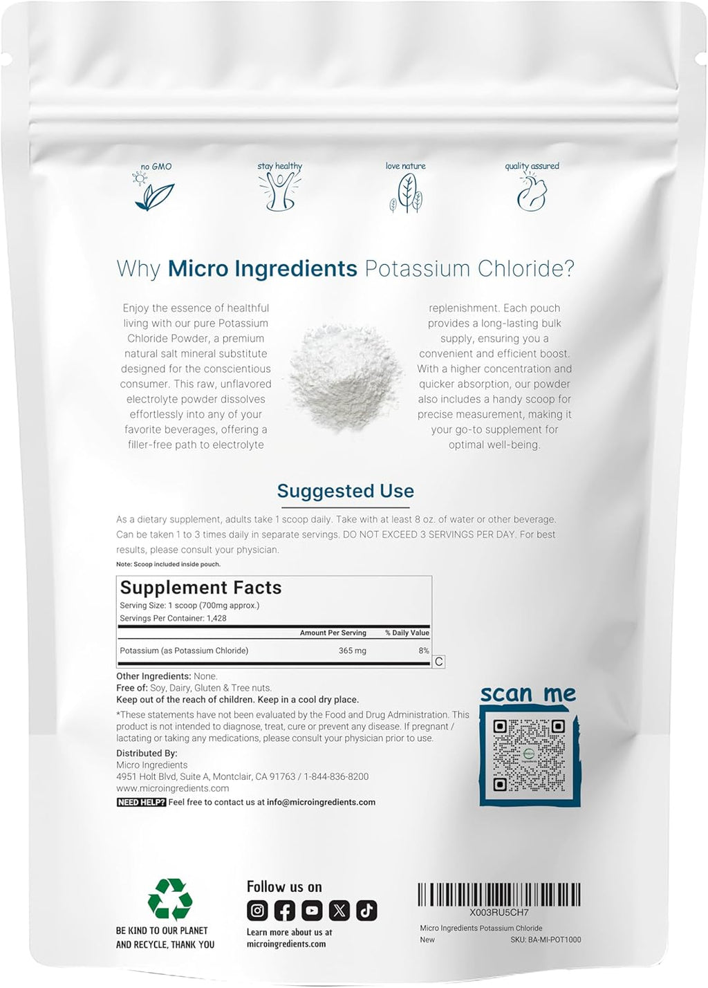 Potassiu Chlorid Powder K (3 Ounce Sal Substitut Essentia Hydratio Electrolyt Supplemen Support Minera Balance Heart Joint an Immun Healt Fille Free Dissolve Easily