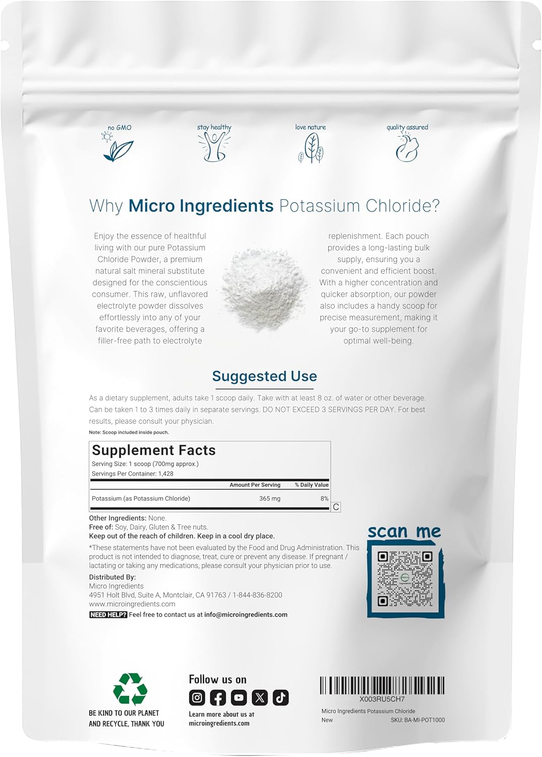 Potassiu Chlorid Powder K (3 Ounce Sal Substitut Essentia Hydratio Electrolyt Supplemen Support Minera Balance Heart Joint an Immun Healt Fille Free Dissolve Easily