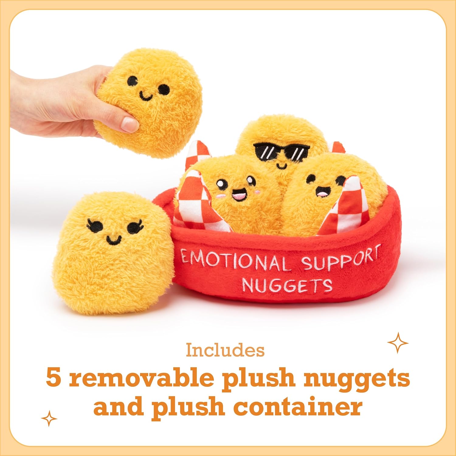 WHAT DO YOU MEME? Emotional Support Chicken Nuggets by Relatable, Cuddly Plush Toys and Stuffed Animals, Includes 5 Plushies with Basket, Funny or Cute Holiday Stocking Stuffer
