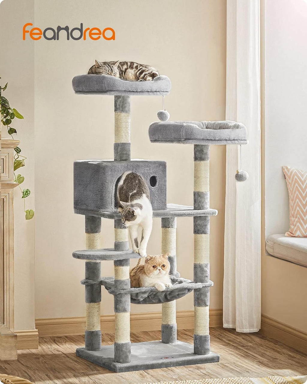 Cat Tree, Cat Tower for Indoor Cats, 56.3-Inch Cat Condo with Scratching Posts, Hammock, Plush Perch, Light Gray UPCT15W