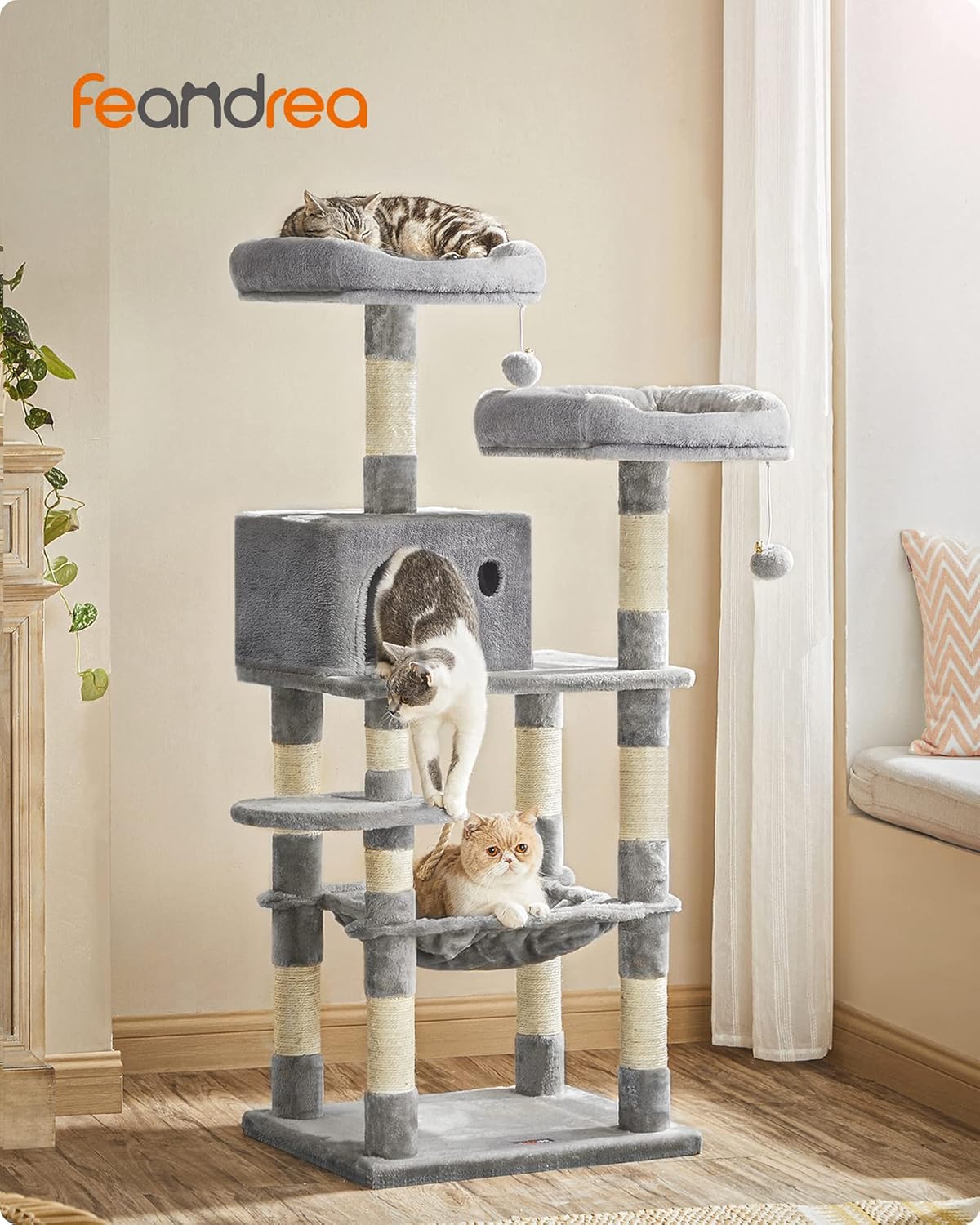 Cat Tree, Cat Tower for Indoor Cats, 56.3-Inch Cat Condo with Scratching Posts, Hammock, Plush Perch, Light Gray UPCT15W