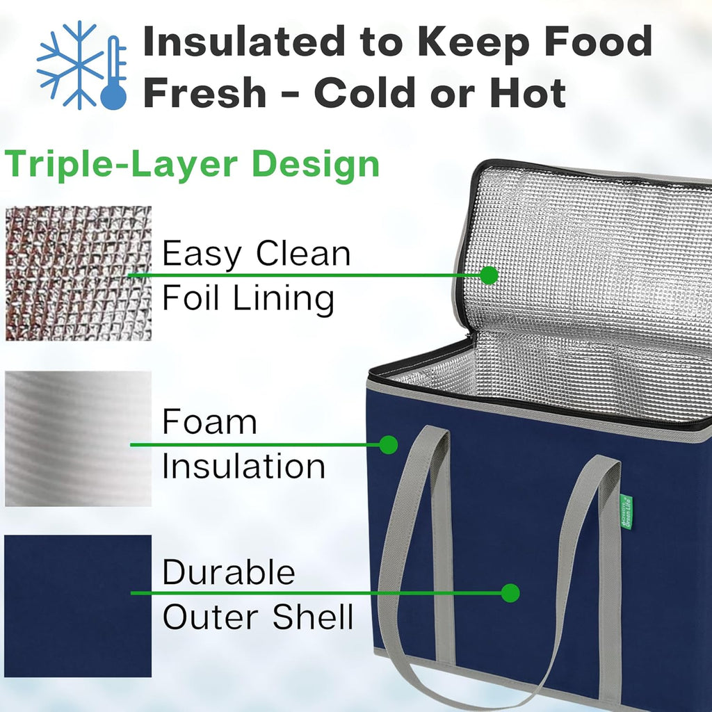 Creative Green Life XL Insulated Reusable Grocery Bags (2-Pack) - Premium Quality Cooler Bags with Hard Bottom Insert, Stands Upright, Washable