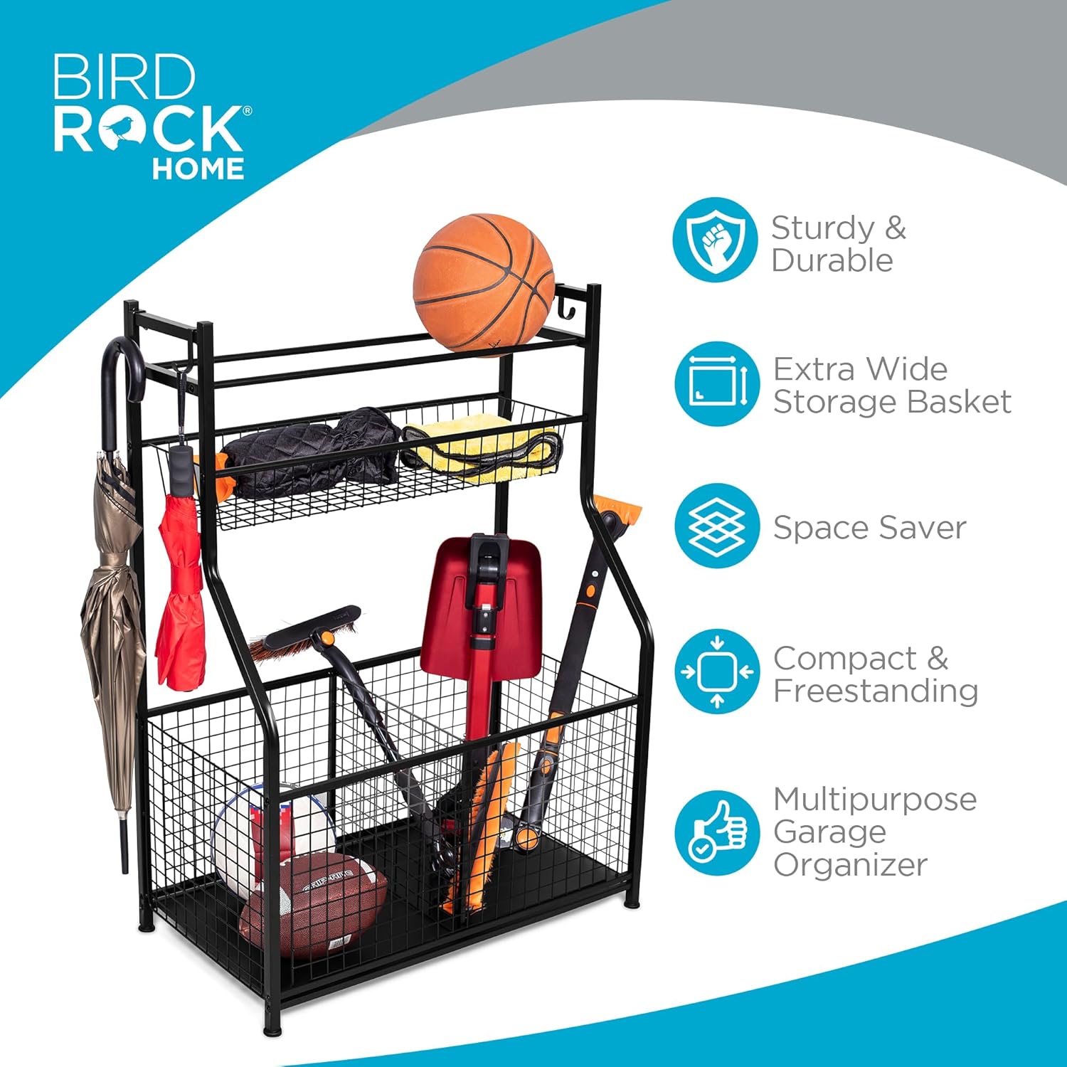 BIRDROC HOM Sport Equipmen Bal Organize 43inch fo Garag -Storag Rac Baseball Tennis Football Gy Gea Wid Bi Baske  Hook Kid To Holde Hocke Stic Cag Indoo Outdoor