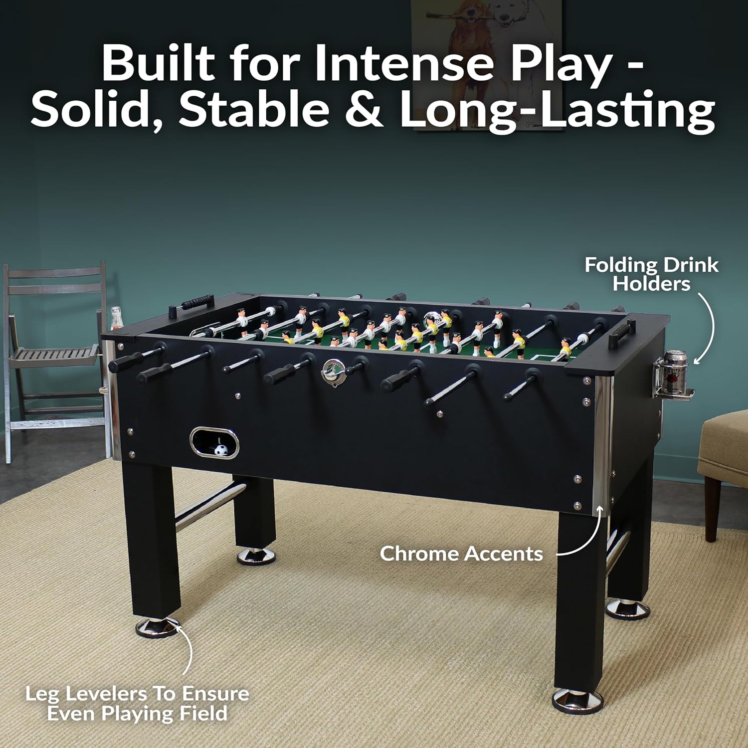 Sunnydaz 55-Inc Foosbal Tabl Adul Siz Socce Tabl wit Chrom Plate Stee Rod  Drin Holder  Le Levelers