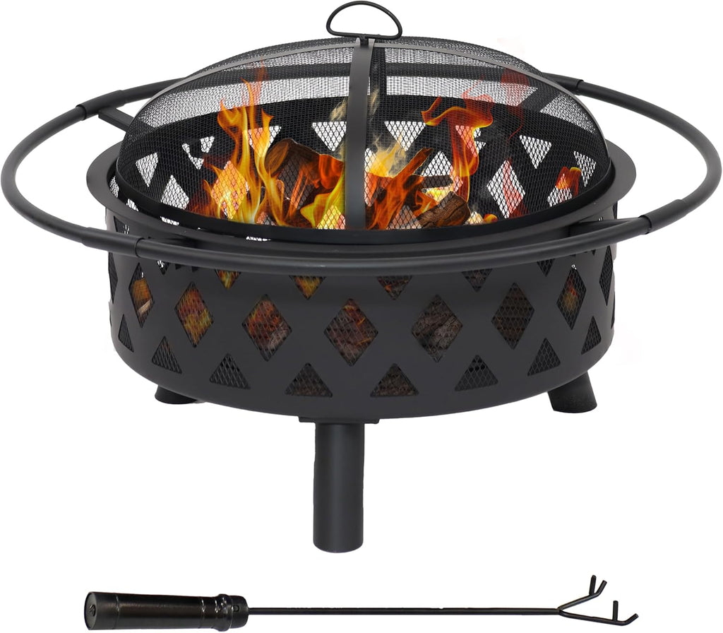 Crossweave Outdoor Fire Pit - Wood-Burning Fire Pit for Outside with Spark Screen, Poker and Round Cover - 30-Inch - Black