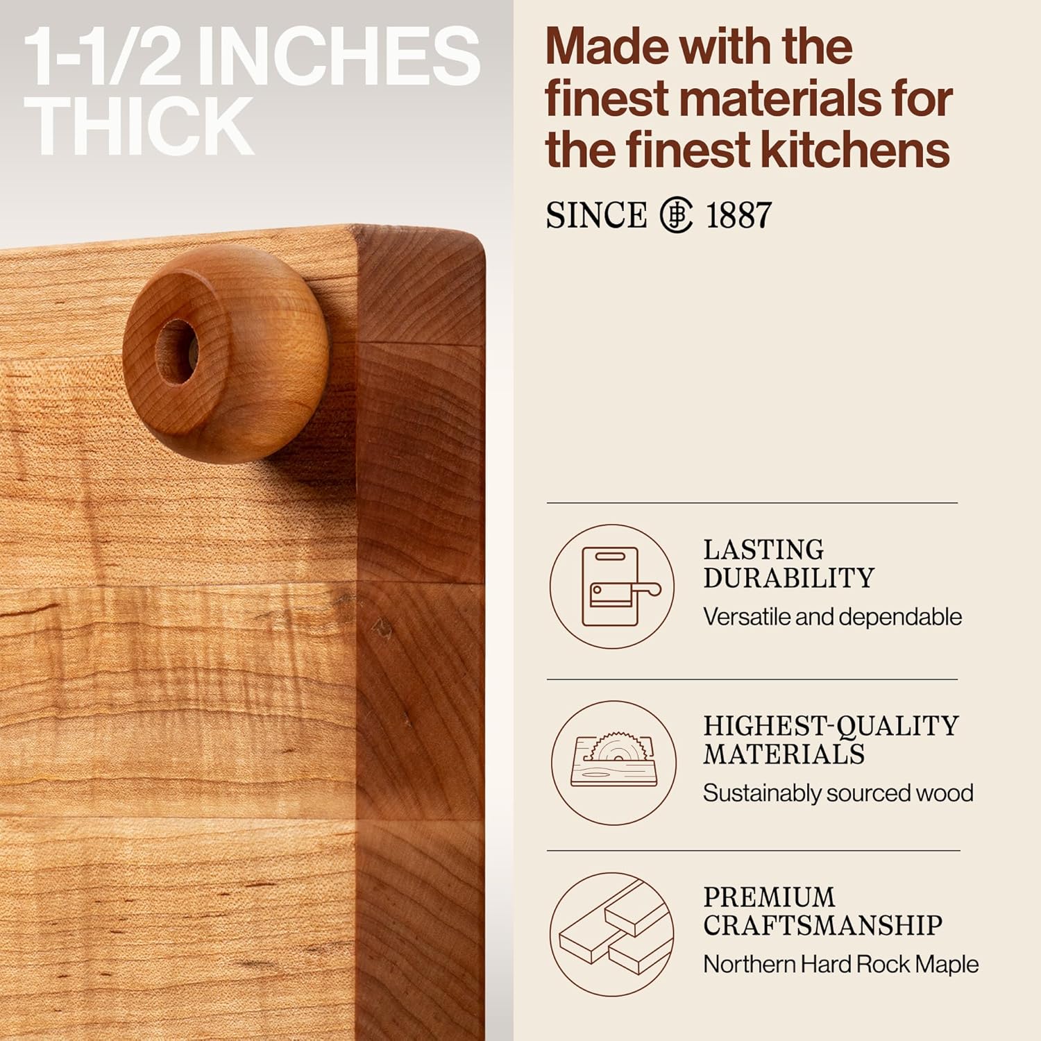 John Boos B Series Square Wooden Maple Cutting Board 12¡±x12¡± ¨C 1.5¡± Thick, 6-lb Non-Reversible Butcher Block with Wood Bun Feet & Edge-Grain