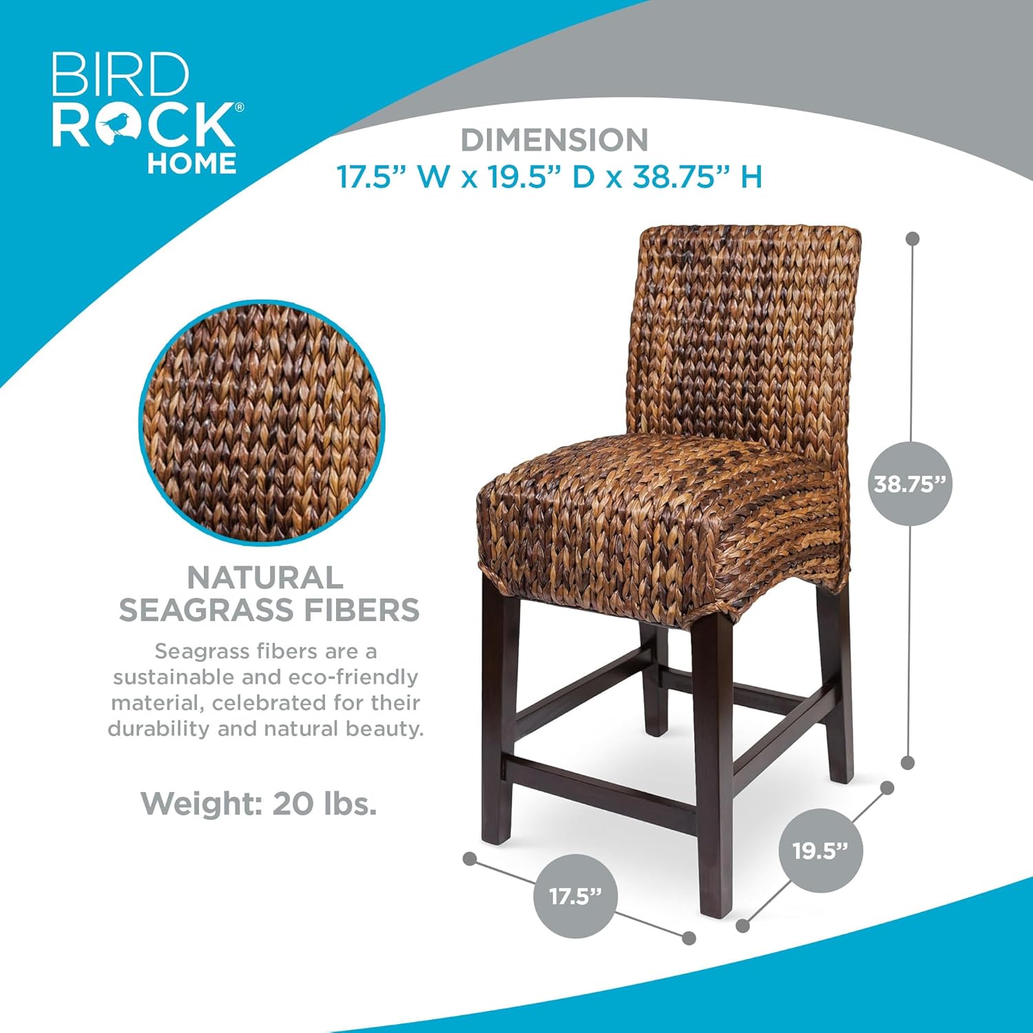 BIRDROC HOM Wove Seagras Counte Stoo Natura Wicke Woode Leg Boh Stoo fo Indoo an Outdoo Seatin fo Livin Room Patio o Kitche Decorativ Furnitur fo Adult Espresso