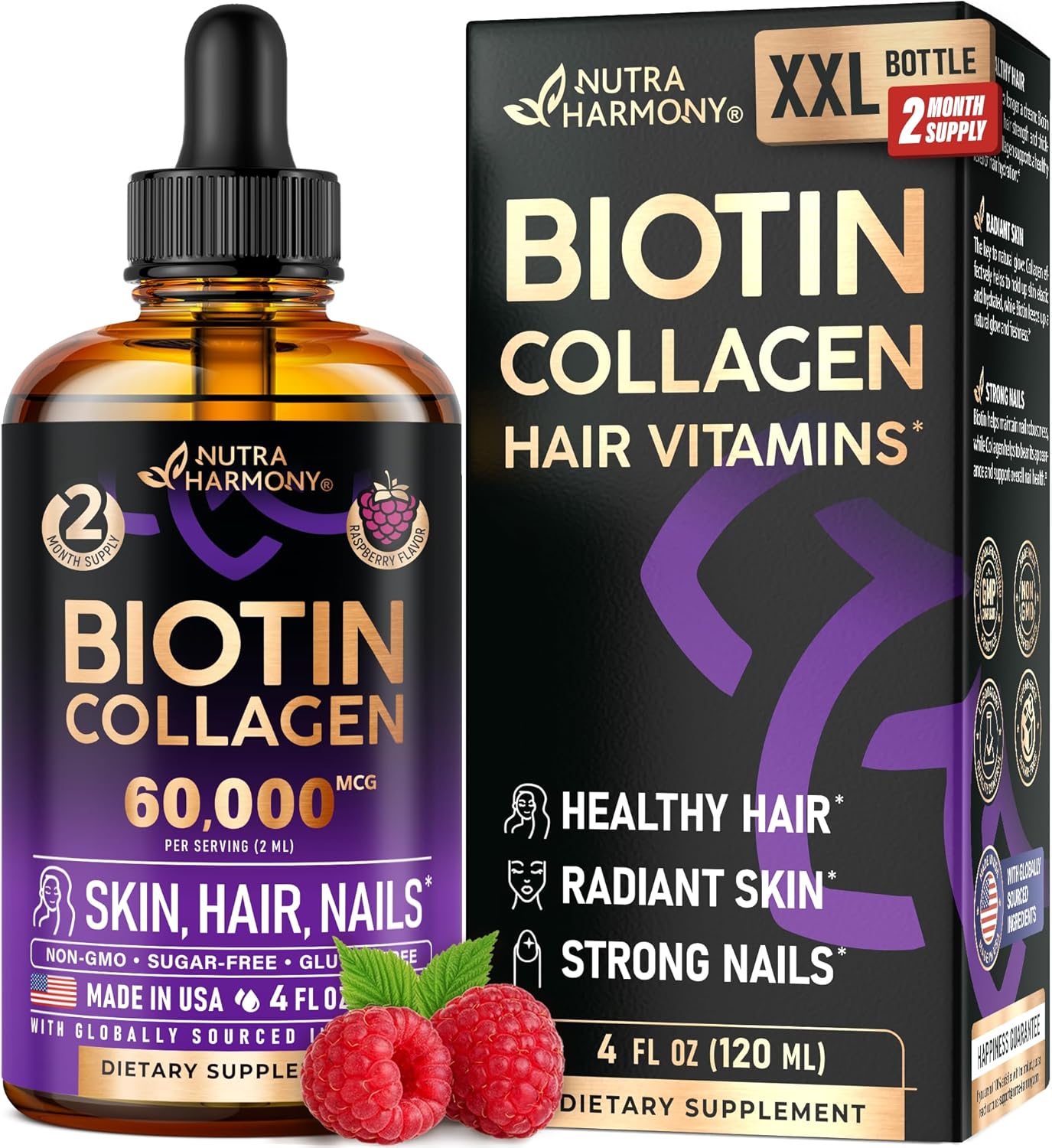 Liquid Biotin Collagen 60,000 mcg - Vitamins for Hair Growth Support - Extra Strength Drops for Women Men - Liquid Collagen Supplement - Strong Nails Healthy Skin - Made in USA - 4 Fl Oz