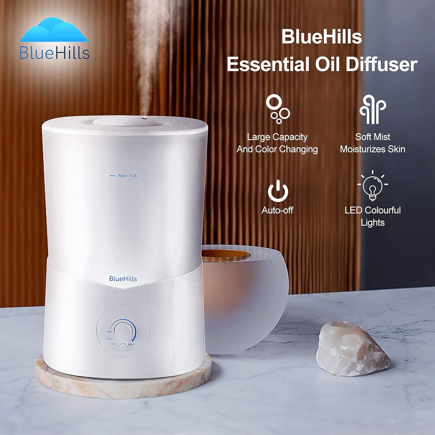 BlueHills Premium 3000 ML XL Essential Oil Diffuser Aroma Humidifier 3 Liter Big Capacity Huge Size Plant Baby Living Room D¨¦cor Lights Home High Mist Long Run Time Aromatherapy Diffuser White 3L-K1
