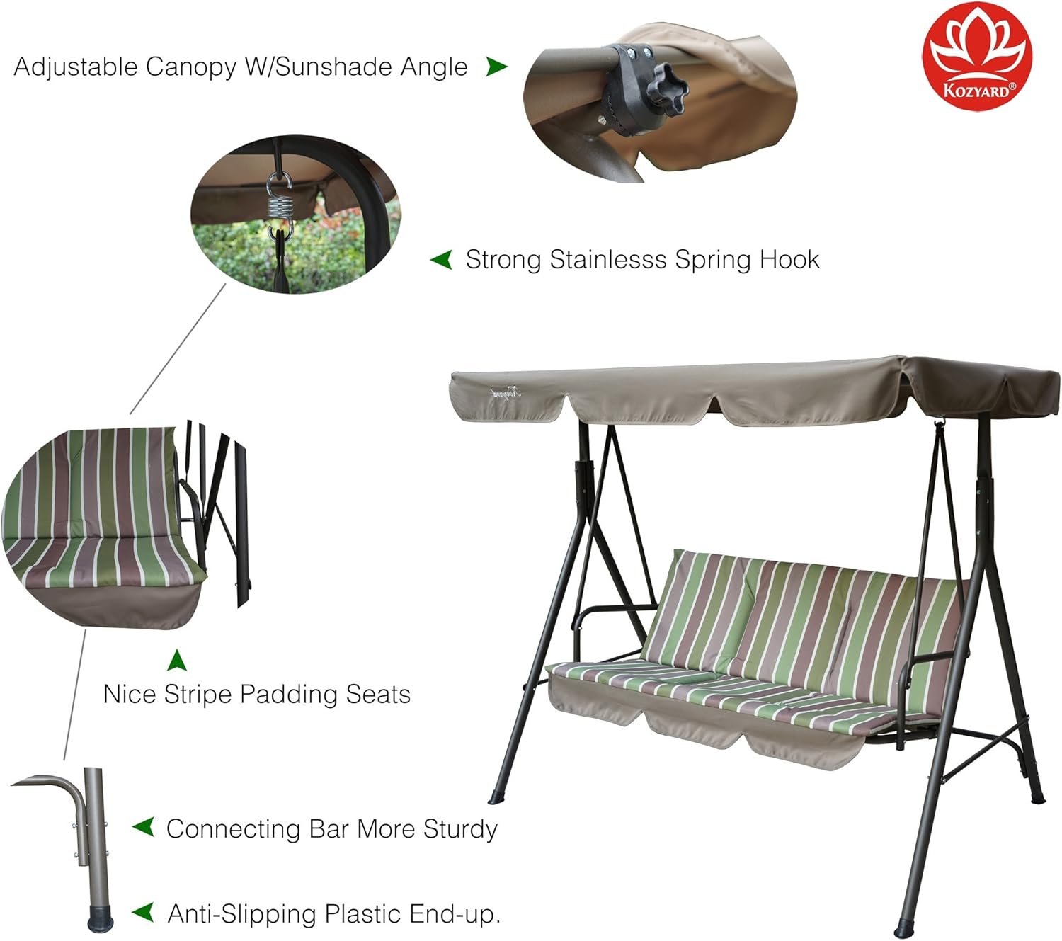 Kozyard Alicia Patio Swing Chair - Comfortable 3 Cushion Seats with Strong Steel Frame, Adjustable Canopy and Removable Cushion Ideal Glider Swing for Outdoors, Garden, Poolside, Balcony (Lime Stripe)