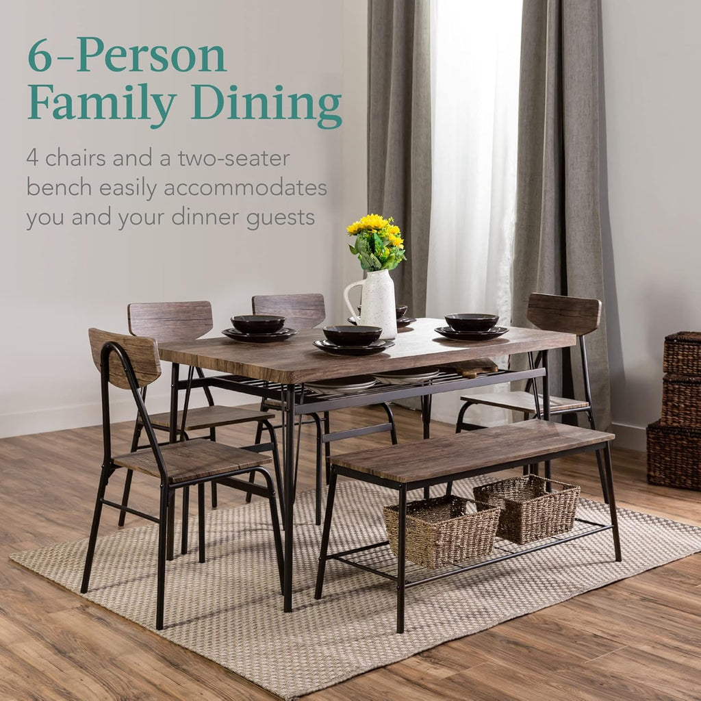 Bes Choic Product 6-Piec 55i Moder Dinin Se fo Home Kitchen Dinin Roo w/Storag Racks Rectangula Table Bench Chairs Stee Fram Brown