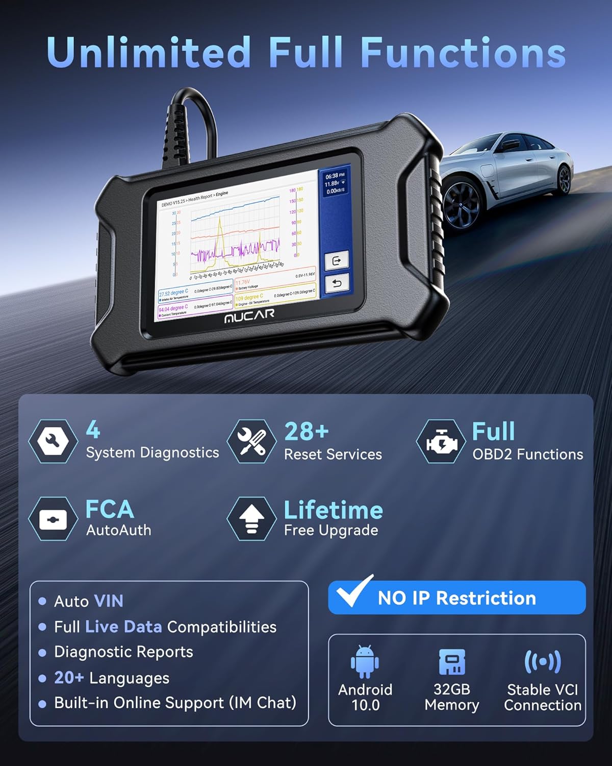 MUCA CS9 OBD Scanne Diagnosti Too wit 28 Rese Services Oil/EPB/SAS/BMS/Injector AB Bleeding Throttl Relearn AB SR Engin Transmissio Cod Reader FC AutoAuth Lifetim Fre Update