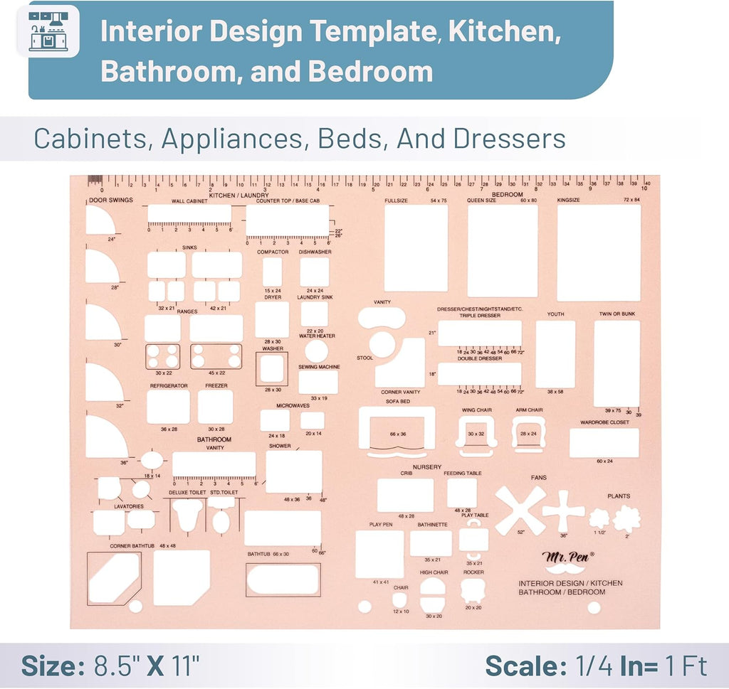 House Plan, Interior Design and Furniture Templates, Drafting Tools and Ruler Shapes for Architecture - Set of 3
