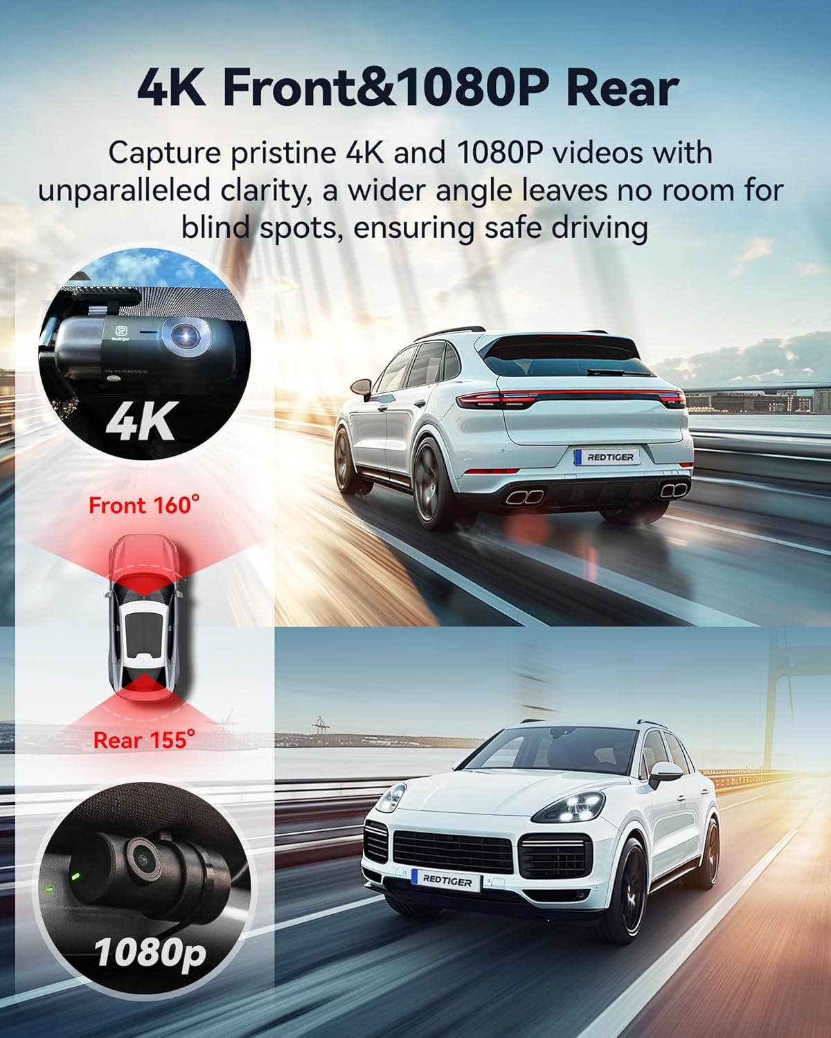 REDTIGE F Das Ca 4 Fron an Rea 1080P WiF GP Ca Camer wit 32G Card Dua Das Camer fo Cars Loo Recording Nigh Vision Parkin Mode Smar Ap Control Suppor 256G Max