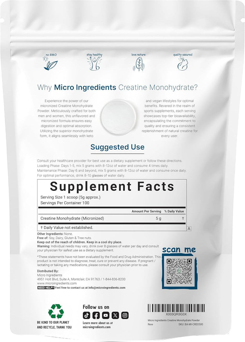 Instant Creatine Monohydrate Powder 500 Grams (1.1 Lb), 5000mg Per Serv, Micronized Creatine Powder, Unflavored, Pure, No Filler, Keto & Vegan, Easy Dissolve Pre Workout for Women and Men