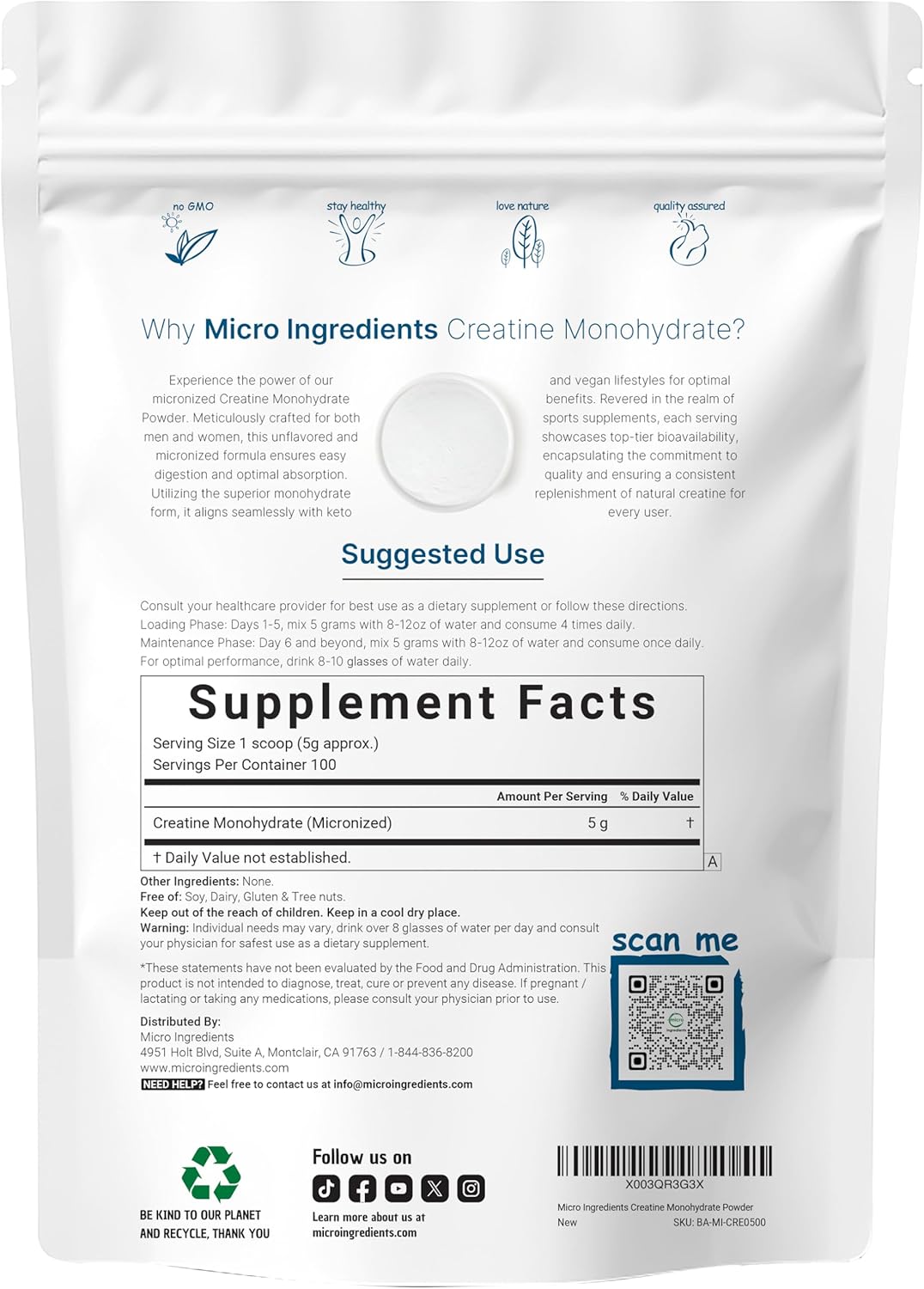Instant Creatine Monohydrate Powder 500 Grams (1.1 Lb), 5000mg Per Serv, Micronized Creatine Powder, Unflavored, Pure, No Filler, Keto & Vegan, Easy Dissolve Pre Workout for Women and Men