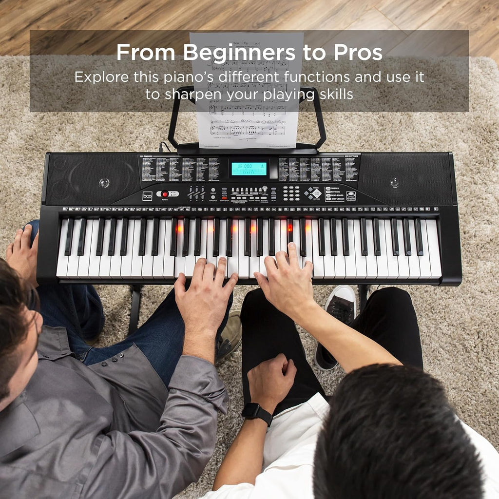 Best Choice Products 61-Key Beginners Complete Electronic Keyboard Piano Set w/Lighted Keys, LCD Screen, Headphones, Stand, Bench, Teaching Modes, Note Stickers, Built-In Speakers - Blue