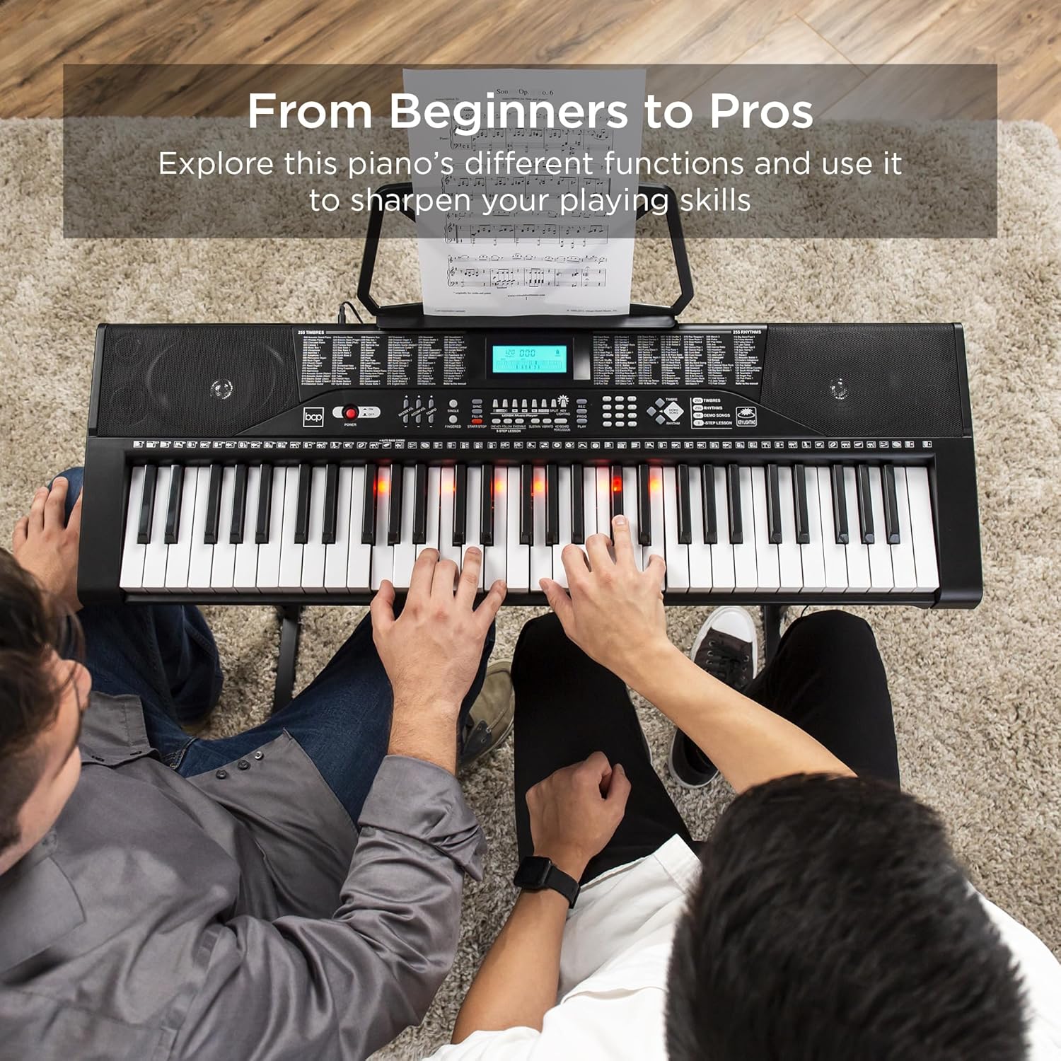 Best Choice Products 61-Key Beginners Complete Electronic Keyboard Piano Set w/Lighted Keys, LCD Screen, Headphones, Stand, Bench, Teaching Modes, Note Stickers, Built-In Speakers - Blue