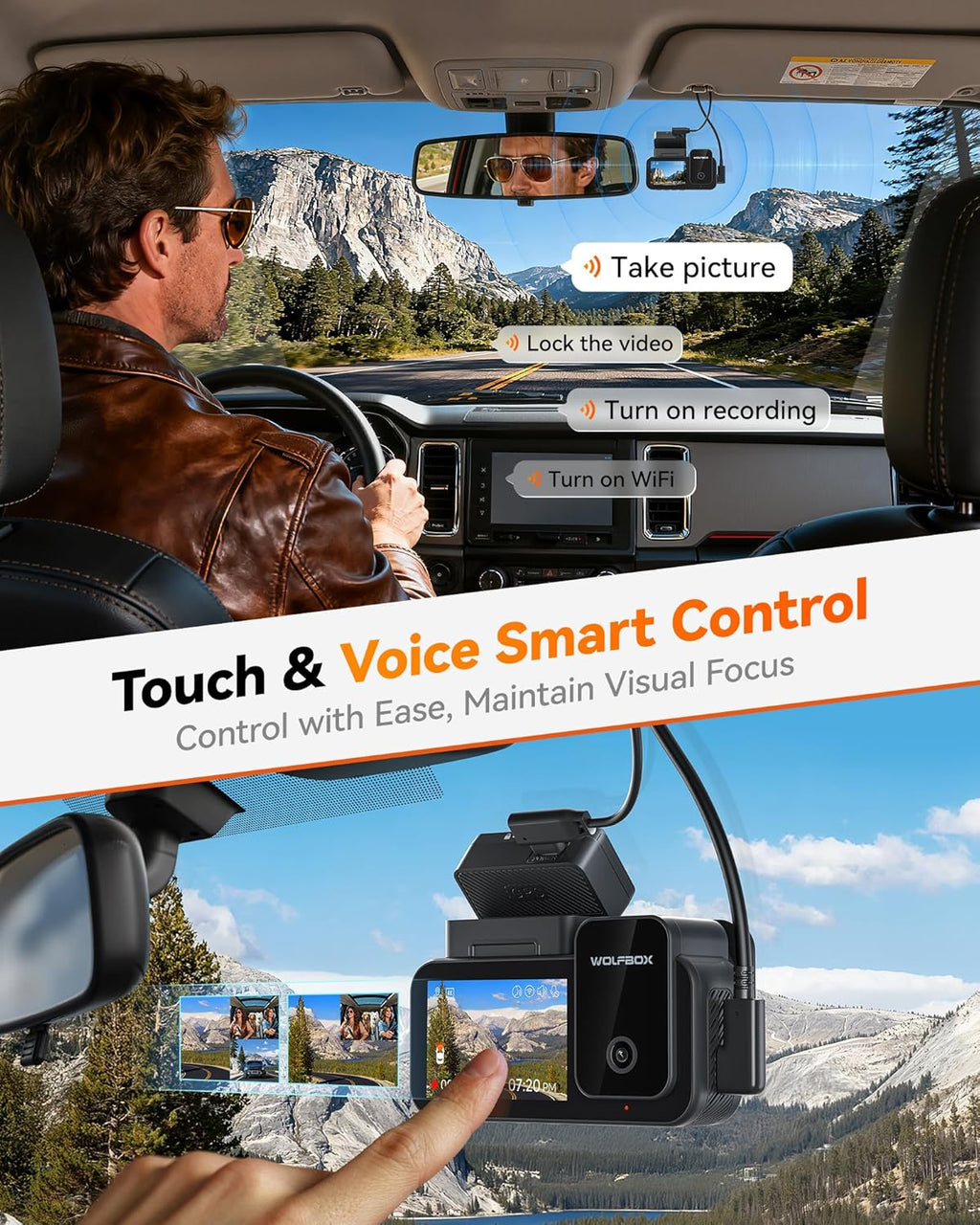 WOLFBO X Channe 4 HD Das Cam STARVI IMX67 8M Nigh Vision 4K+2.5K+1080 Fron an Rea Insid Ca Camer wit 128G Car an GPS Suppor Voic Control Touc Scree an 5.8GH WiFi