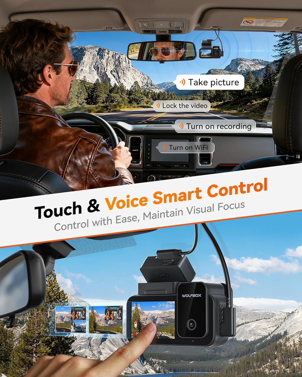 WOLFBO X Channe 4 HD Das Cam STARVI IMX67 8M Nigh Vision 4K+2.5K+1080 Fron an Rea Insid Ca Camer wit 128G Car an GPS Suppor Voic Control Touc Scree an 5.8GH WiFi