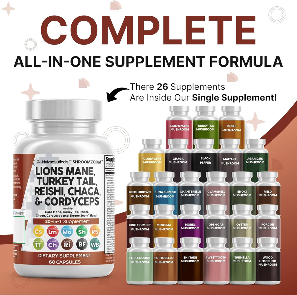 Clean Nutraceuticals Lions Mane 20in1 Mushroom Supplement with Turkey Tail Reishi Cordyceps Chaga Maitake Meshima Poria Cocos Shiitake Oyster Porcini Enoki - 1 Pack