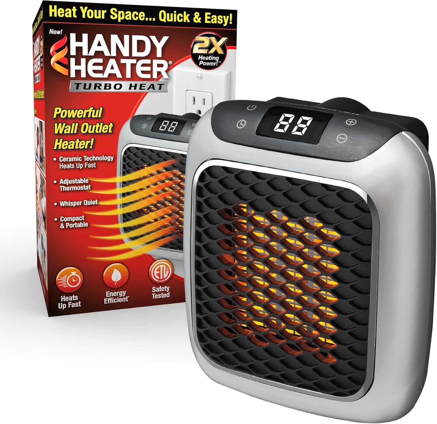 Ontel Handy Heater Turbo Wall Outlet Plug In Heater ¨C Portable Indoor Ceramic Space Heater w/Adjustable Thermostat, 12-Hour Timer, Auto Shut Off, Quiet ¨C Plug In Wall for Office, Bedroom, Camping