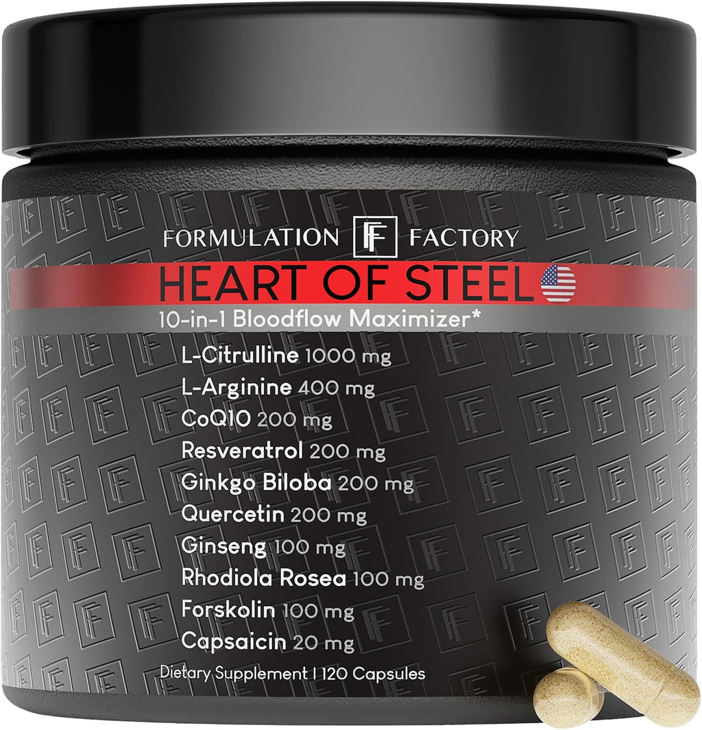 Formulatio Factor Hear o Steel 10-in- Metaboli Maximize Nitri Oxid Supplement Bloo Pressur Support Arginine Citrullin Natura Pre-Workout Energ Managemen 12 Count