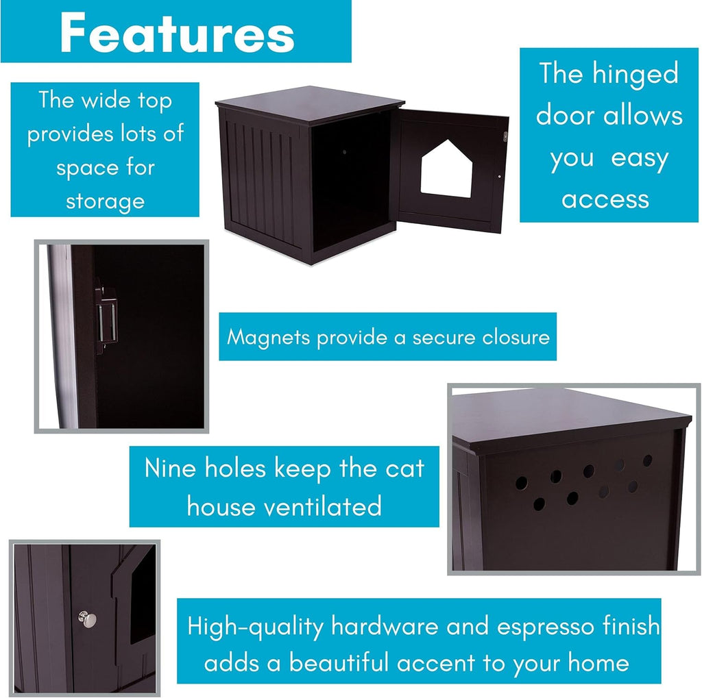 BIRDROC HOM Ca Litte Bo Furnitur Enclosur Hidde Kitt Litte Ca Hous wit Hinge Door Nightstand Sid Tabl Pe Crate Indoo Outdoo Woo Cabine fo Smal Cat an Dog Espresso