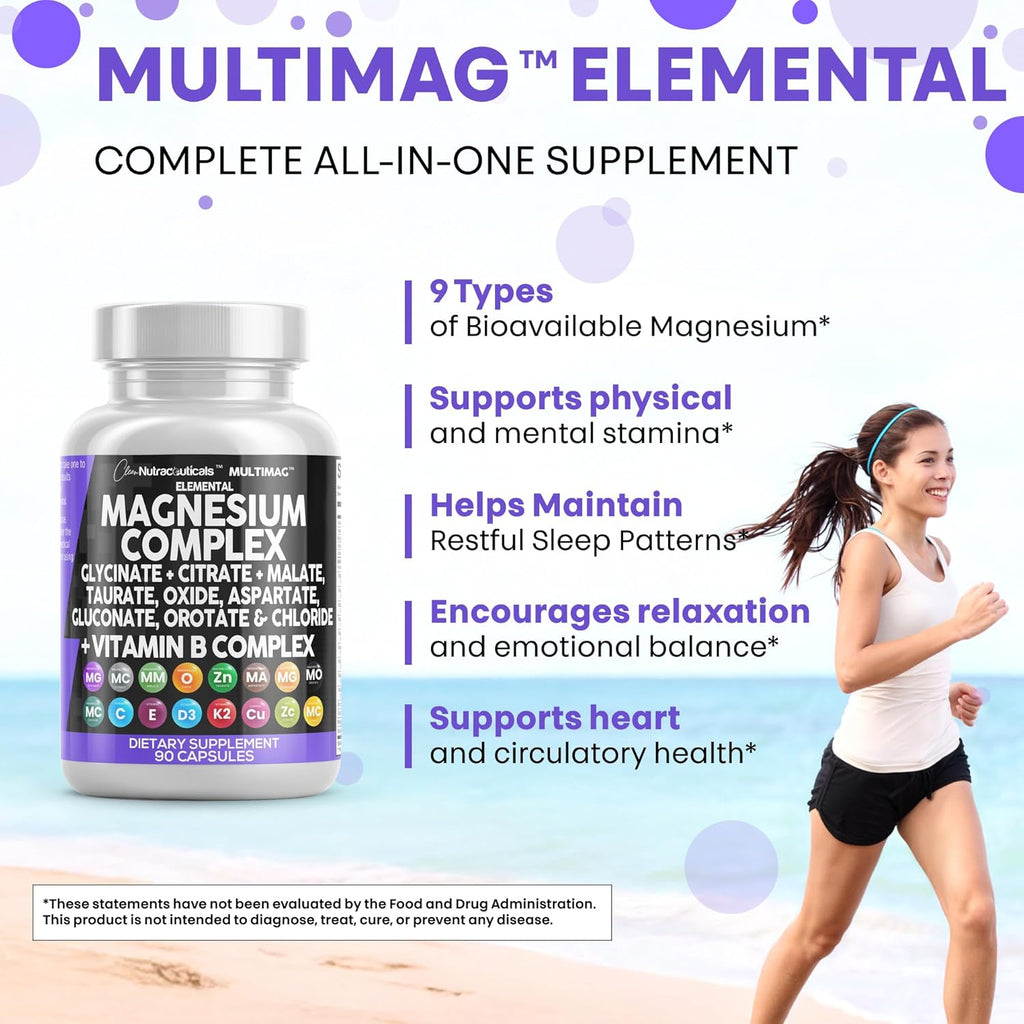 Clean Nutraceuticals Magnesium Complex with Magnesium Glycinate Citrate Malate Oxide Taurate Aspartate Orotate Mag Chloride, Zinc Copper Manganese Vitamin C B1 B2 B6 B12 Complex - 1Pack