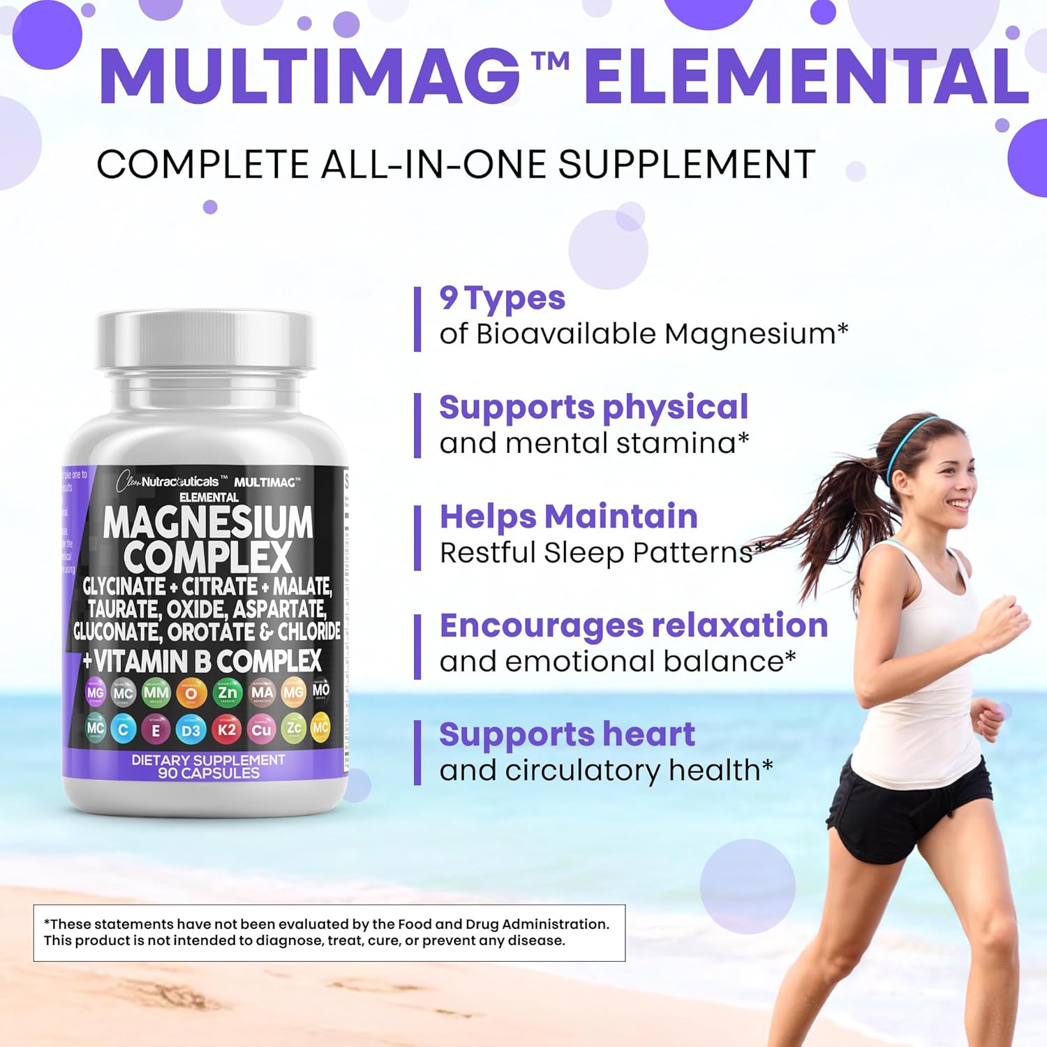 Clean Nutraceuticals Magnesium Complex with Magnesium Glycinate Citrate Malate Oxide Taurate Aspartate Orotate Mag Chloride, Zinc Copper Manganese Vitamin C B1 B2 B6 B12 Complex - 1Pack