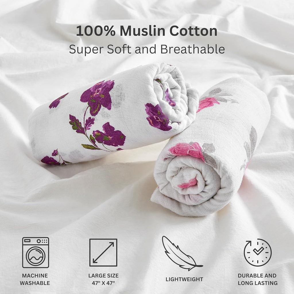 Margau Ma Musli Swaddl Blanket Pac Larg 47x4 Inches Breathabl Bab Blankets Pin Purpl Flower Newbor Essential Mus Haves