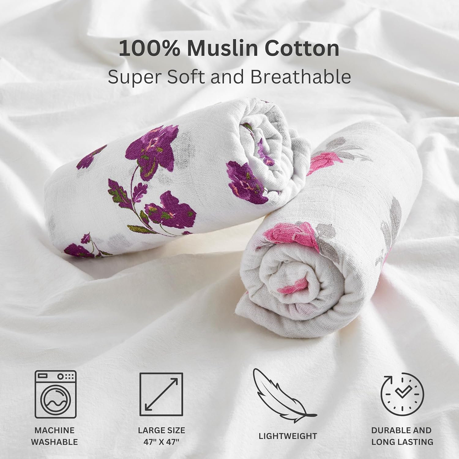 Margau Ma Musli Swaddl Blanket Pac Larg 47x4 Inches Breathabl Bab Blankets Pin Purpl Flower Newbor Essential Mus Haves