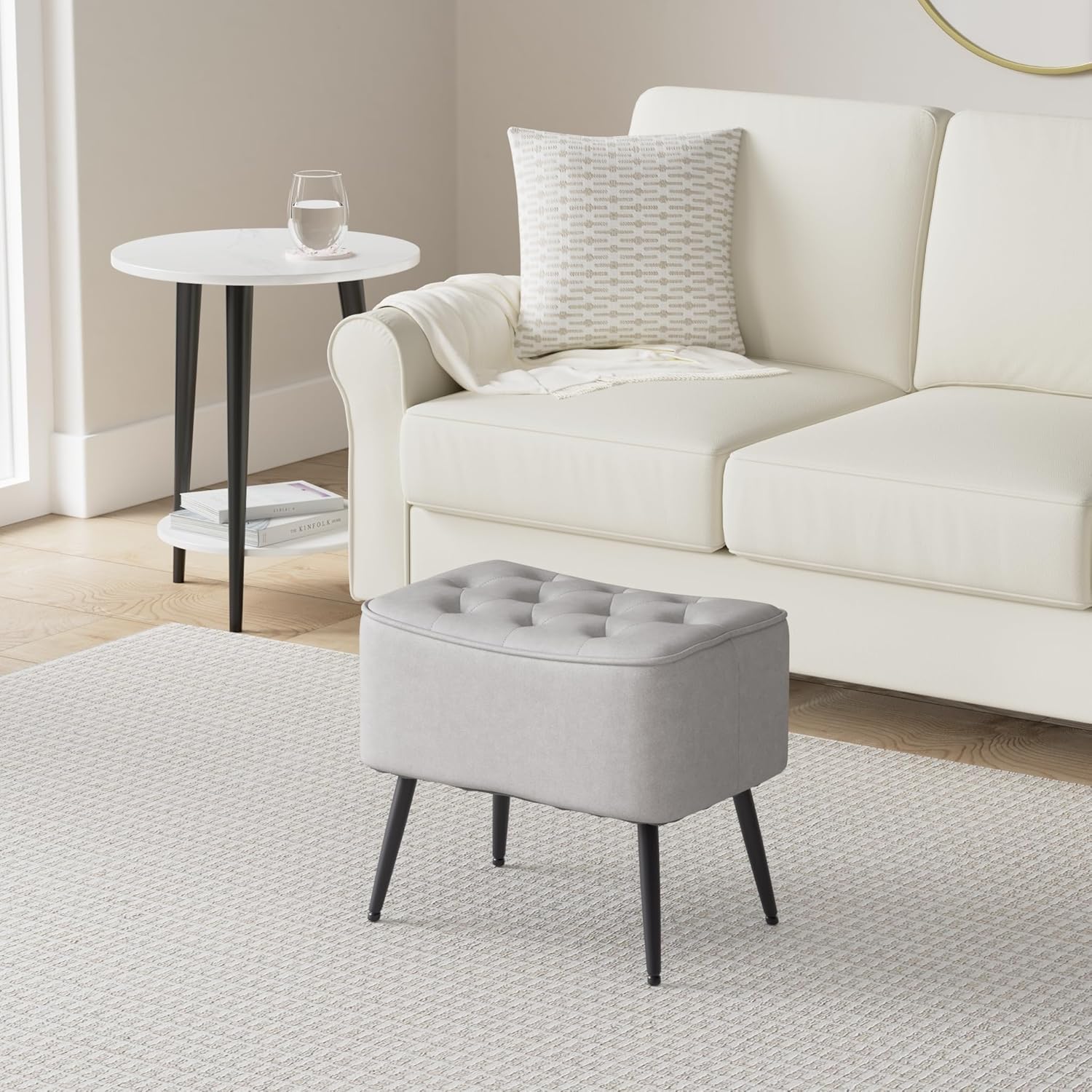 BIRDROCK HOME Tufted Curve Ottoman Velvet Foot Stool - Upholstered Padded Footrest for Living Room or Bedroom - Small Cushioned Accent Chair for Couch, Sofa, Large Seating - Modern Furniture - Grey