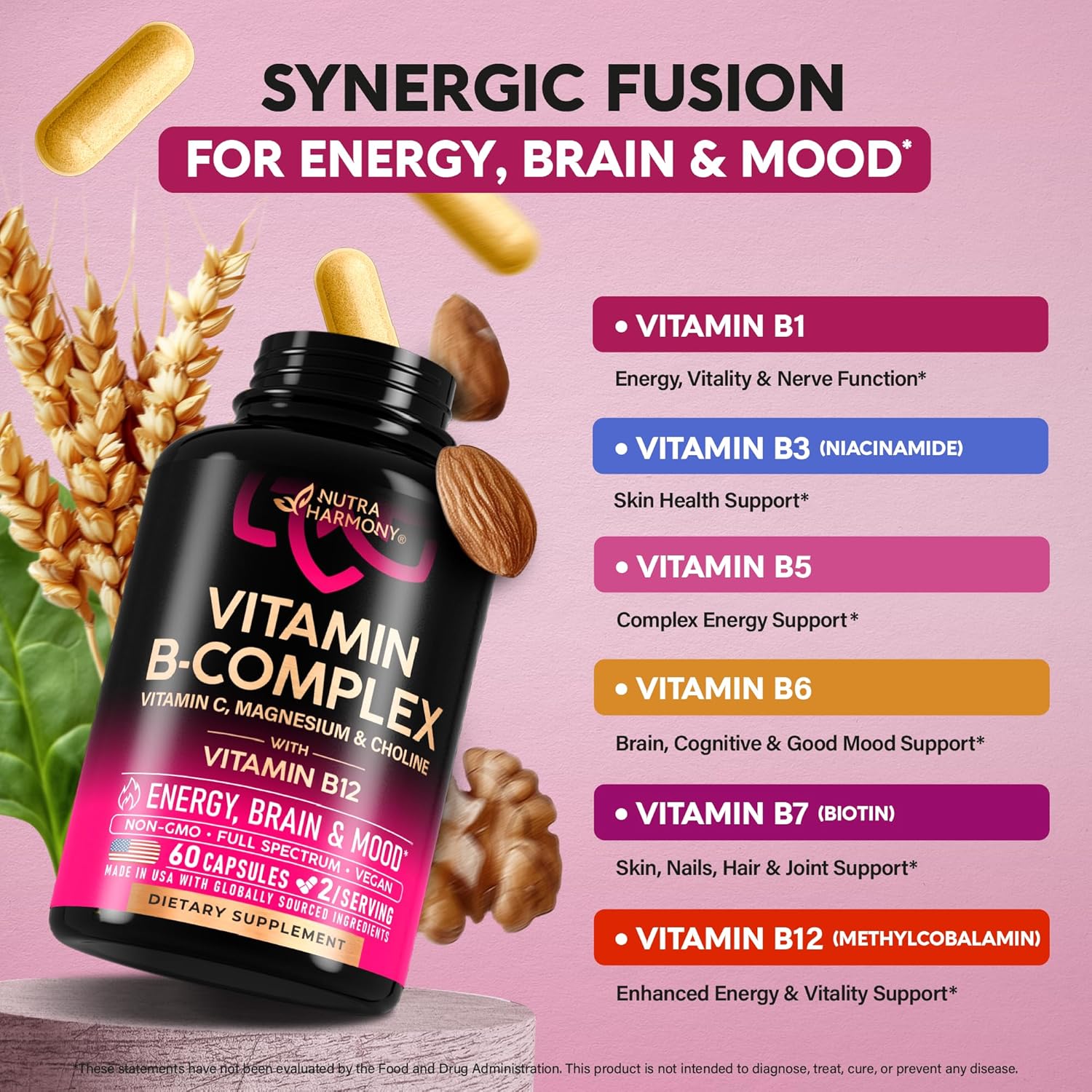 Vitamin B Complex for Men Women - Riboflavin B2, B12, B1, B3, B5, B6, B7, B8, B9 | Vitamin C, Choline, Inositol - B-Complex Supplement - Energy, Brain Heart Support - Made in USA, 60 Vegan Caps