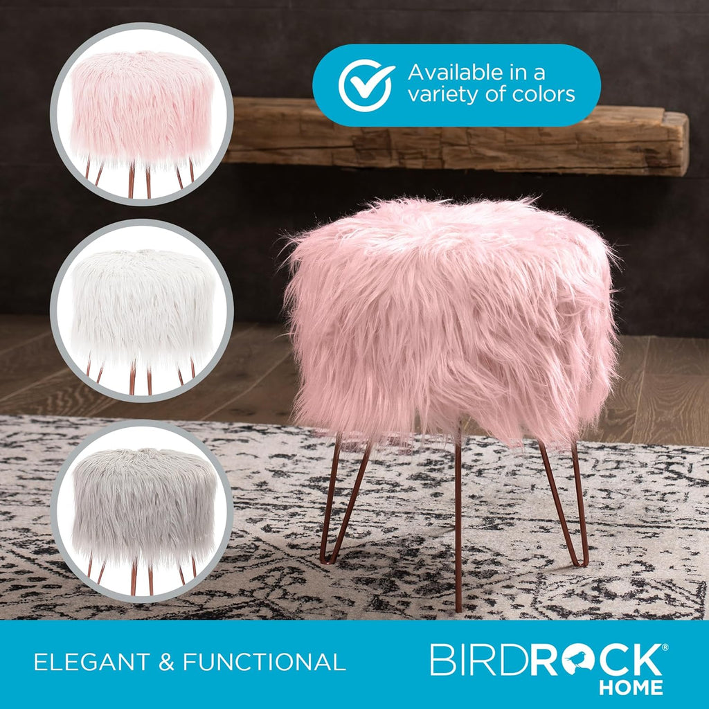 BIRDROCK HOME Pink Faux Fur Vanity Stool Chair - Soft Furry Compact Padded Seat - Vanity, Living Room, Bedroom and Kids Room Chairs - Hair Pin Metal Legs Upholstered Decorative Furniture Foot Rest