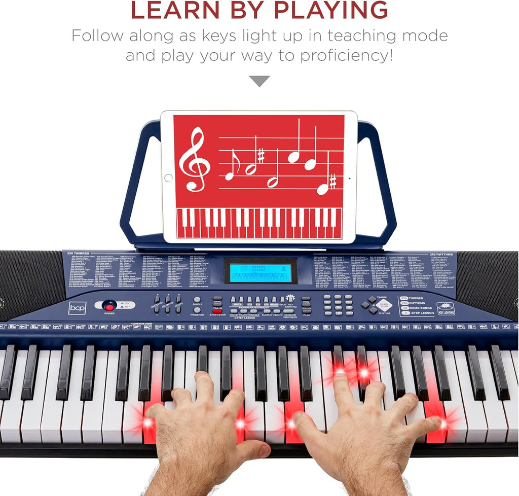 Best Choice Products 61-Key Beginners Complete Electronic Keyboard Piano Set w/Lighted Keys, LCD Screen, Headphones, Stand, Bench, Teaching Modes, Note Stickers, Built-In Speakers - Blue