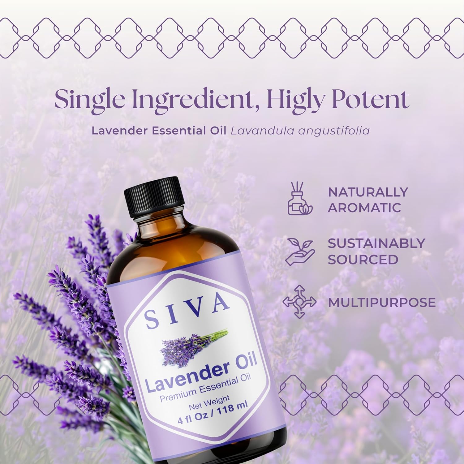 Siva Lavender Essential Oil - 4 Fl Oz ¨C 100% Natural Lavender Oil - for Diffuser, Face, Skin Care, Aromatherapy, Hair Care, Scalp and Body Massage - with Dropper