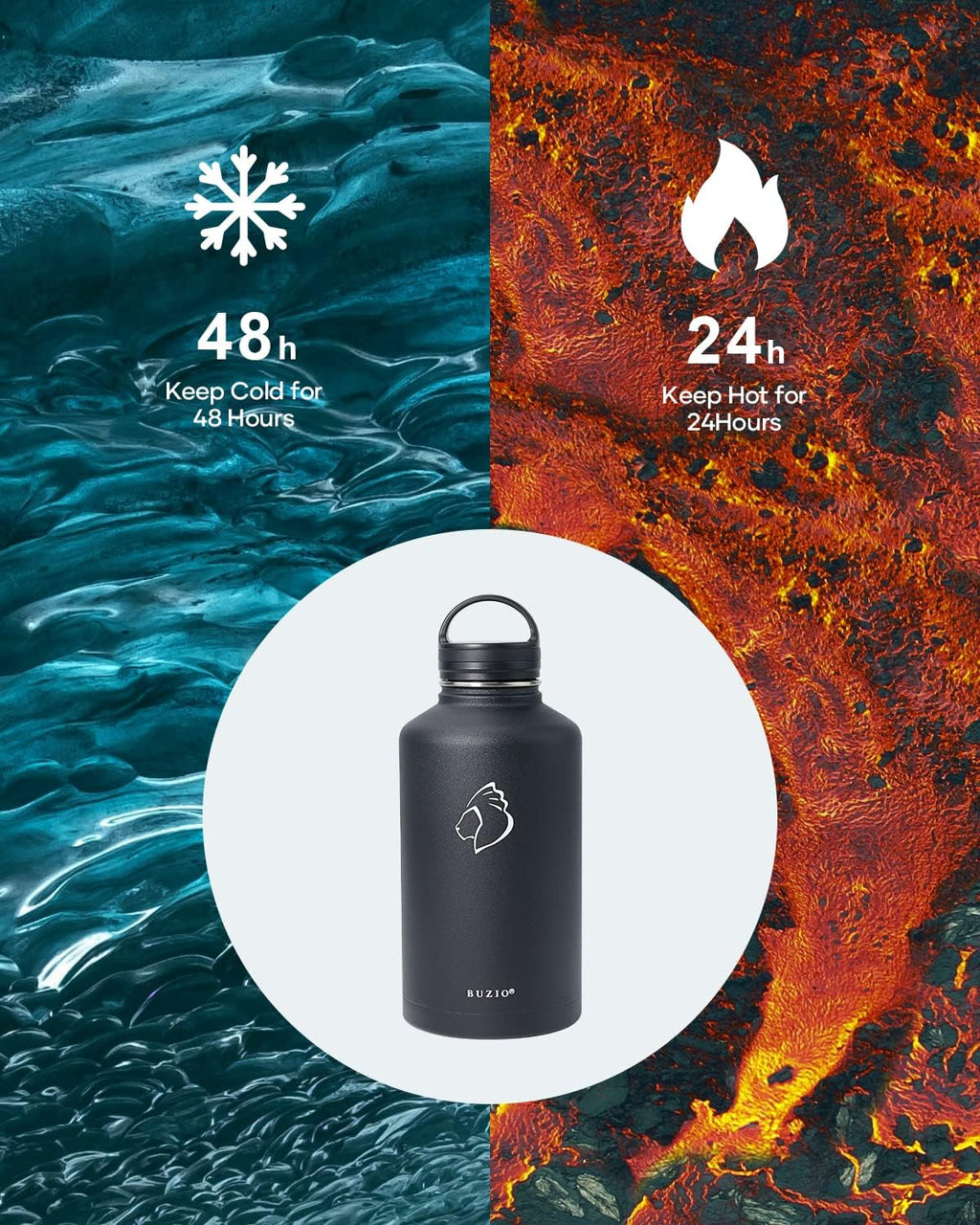 64 oz Water Bottle Insulated with Straw 3 lid and Carrying Pouch, Leak Proof Half Gallon Stainless Steel Water Flask Jug, Cold for 48 Hrs Double Vacuum Thermo Canteen, BPA-Free, Black