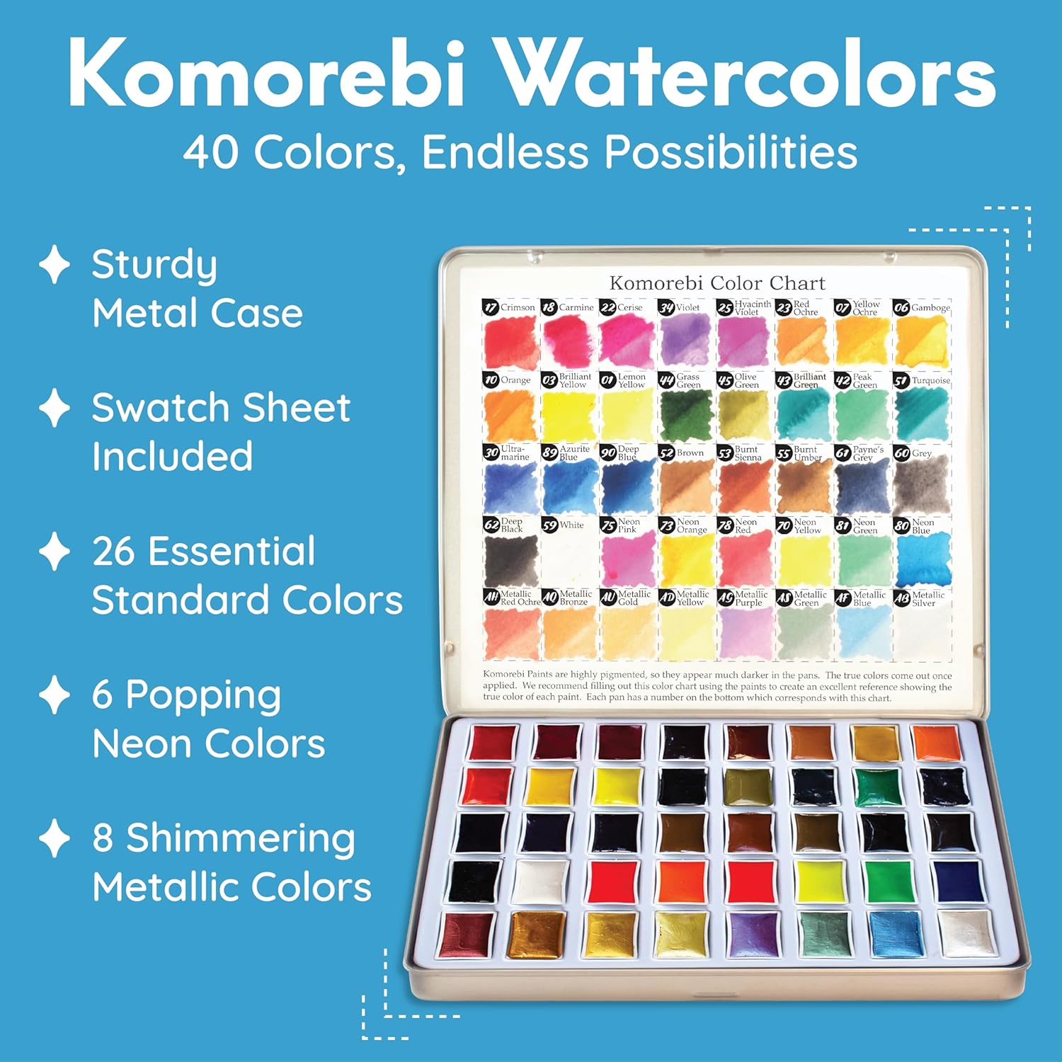 Mozart Japanese Watercolor Paint Set - Komorebi Art Kit with 40 Color Pans - 10 Watercolor Brushes - Paint Palette, Brush Pen Paper Pad - Complete Supply for Adults, Kids Students