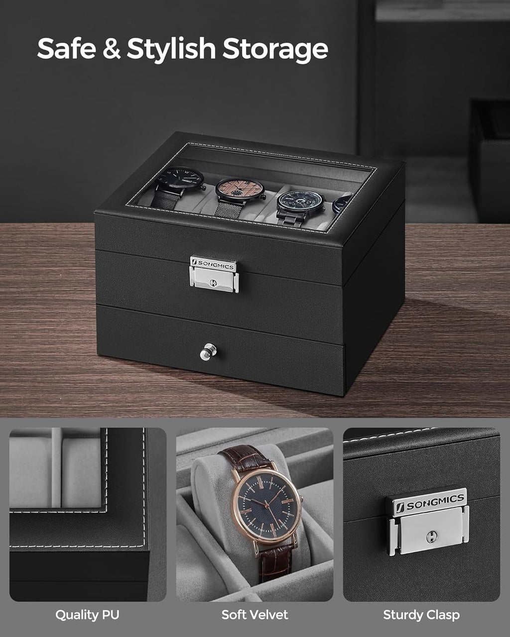 Watch Box, 8-Slot Watch Case Organizer with Large Glass Lid, 2 Layers, Removable Pillows, Metal Lock, Black Synthetic Leather, Christmas Gift, Greenish Gray Lining UJWB080G01