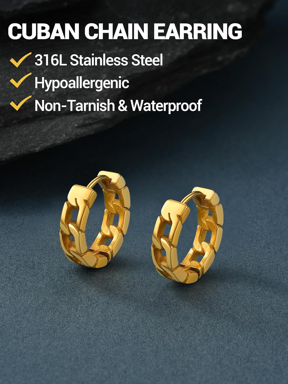 Chunky Hoop Earrings for Men Women, Skull/Infinity Pattern, Spike/Cuban Links 4 Design Options, Black/18K Gold Plated 316L Stainless Steel, Lightweight Earrings, Come Gift Box