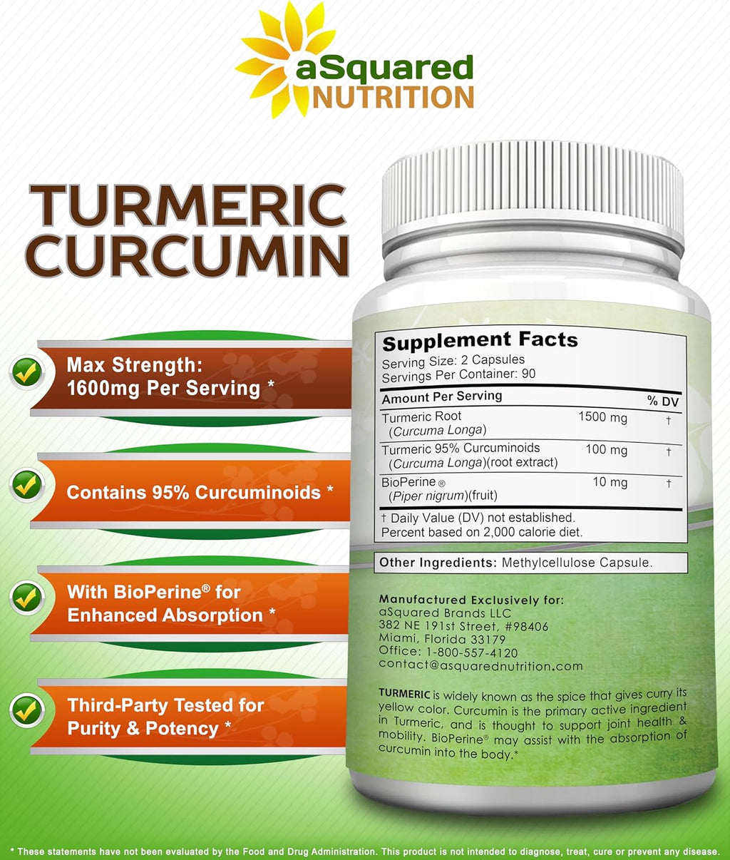 aSquare Nutritio Turmeri Curcumi 1600m wit BioPerin Blac Peppe Extrac 18 Capsule wit 95 Curcuminoids 100 Natura Tumeri Roo Powde Supplements Natura Join Stiffnes Relie Pills