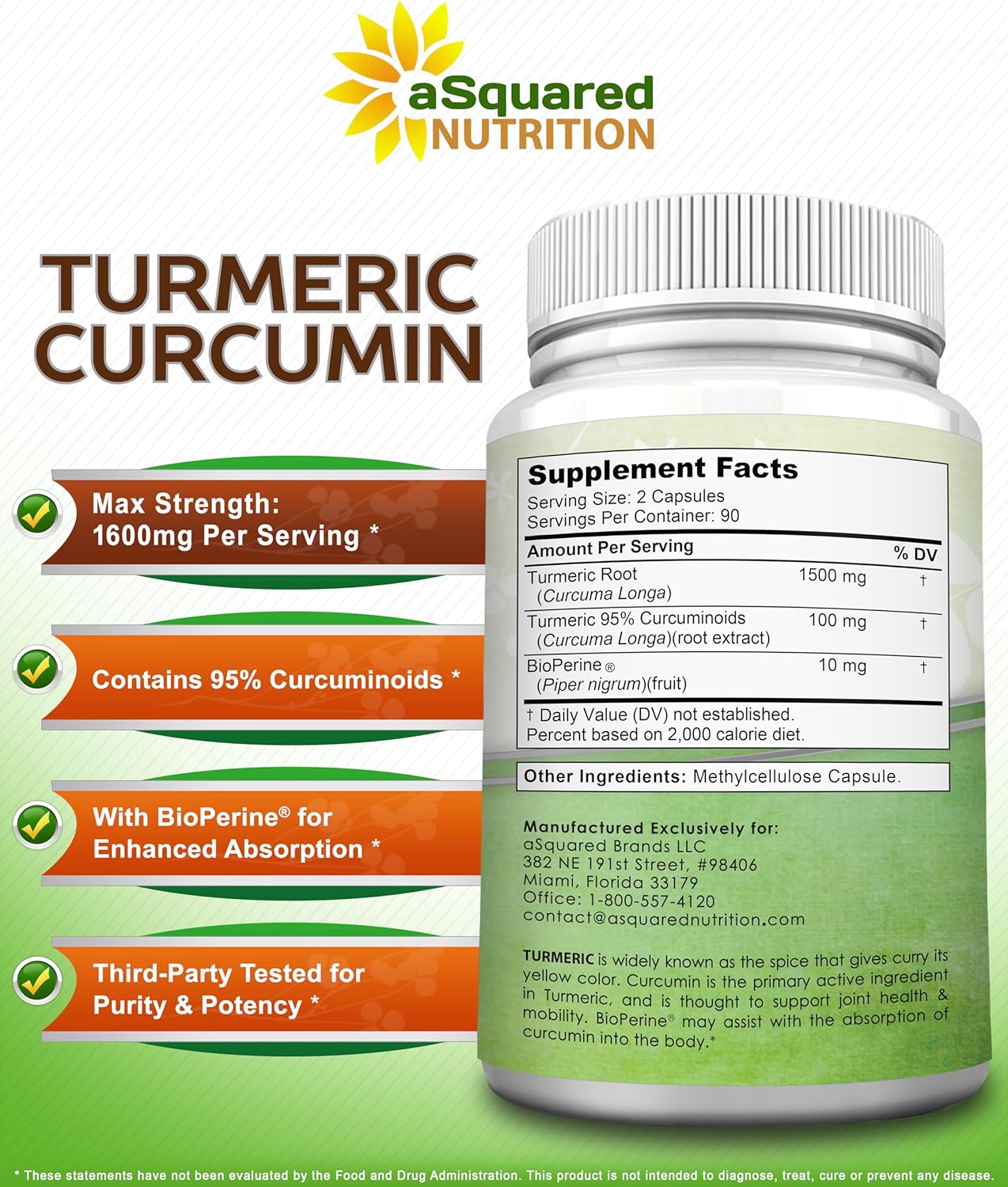 aSquare Nutritio Turmeri Curcumi 1600m wit BioPerin Blac Peppe Extrac 18 Capsule wit 95 Curcuminoids 100 Natura Tumeri Roo Powde Supplements Natura Join Stiffnes Relie Pills