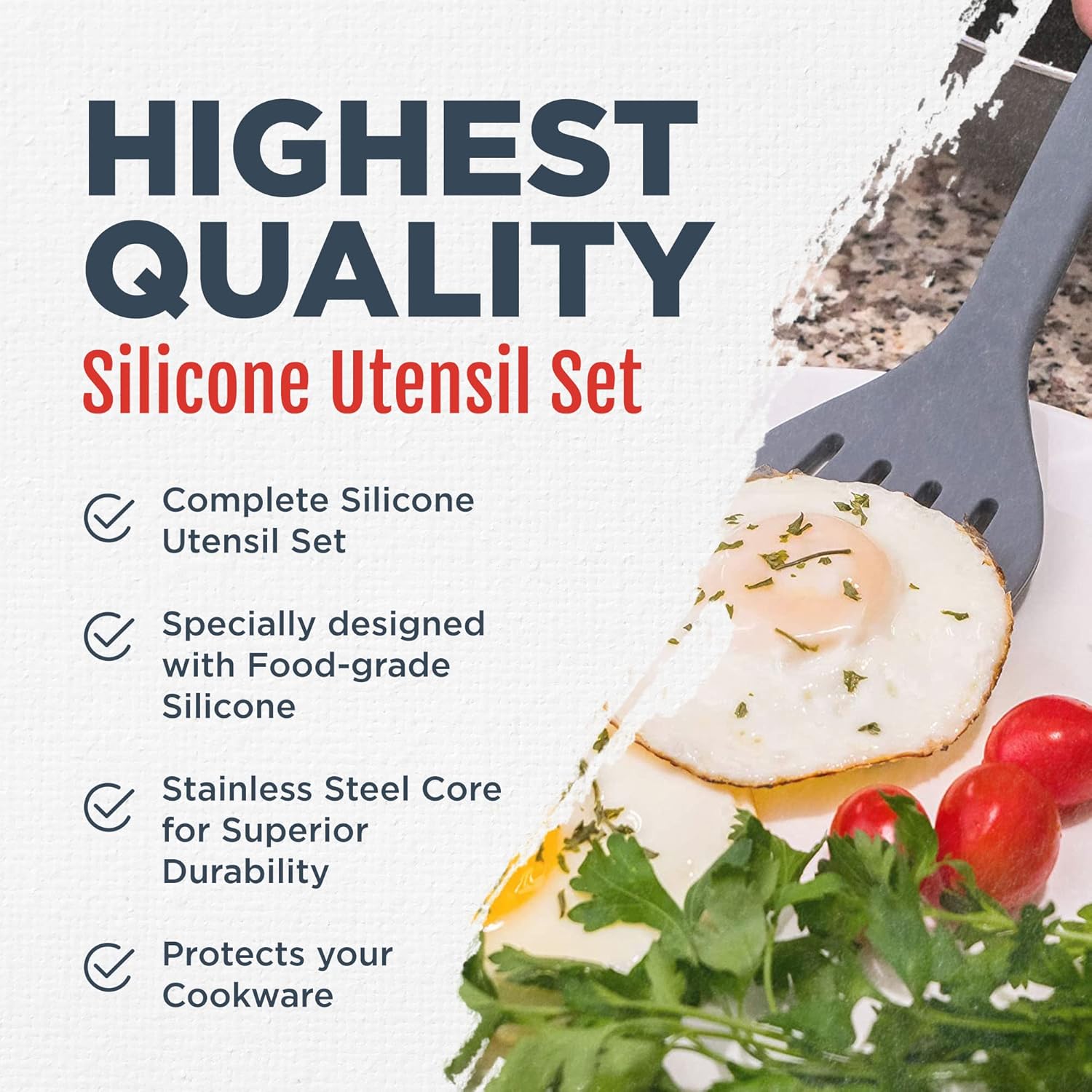 Culinary Couture Grey Silicone Kitchen Utensils Set of 6, Non-Stick Heat-Resistant Silicone Kitchen Utensils Set with Steel Inner Core