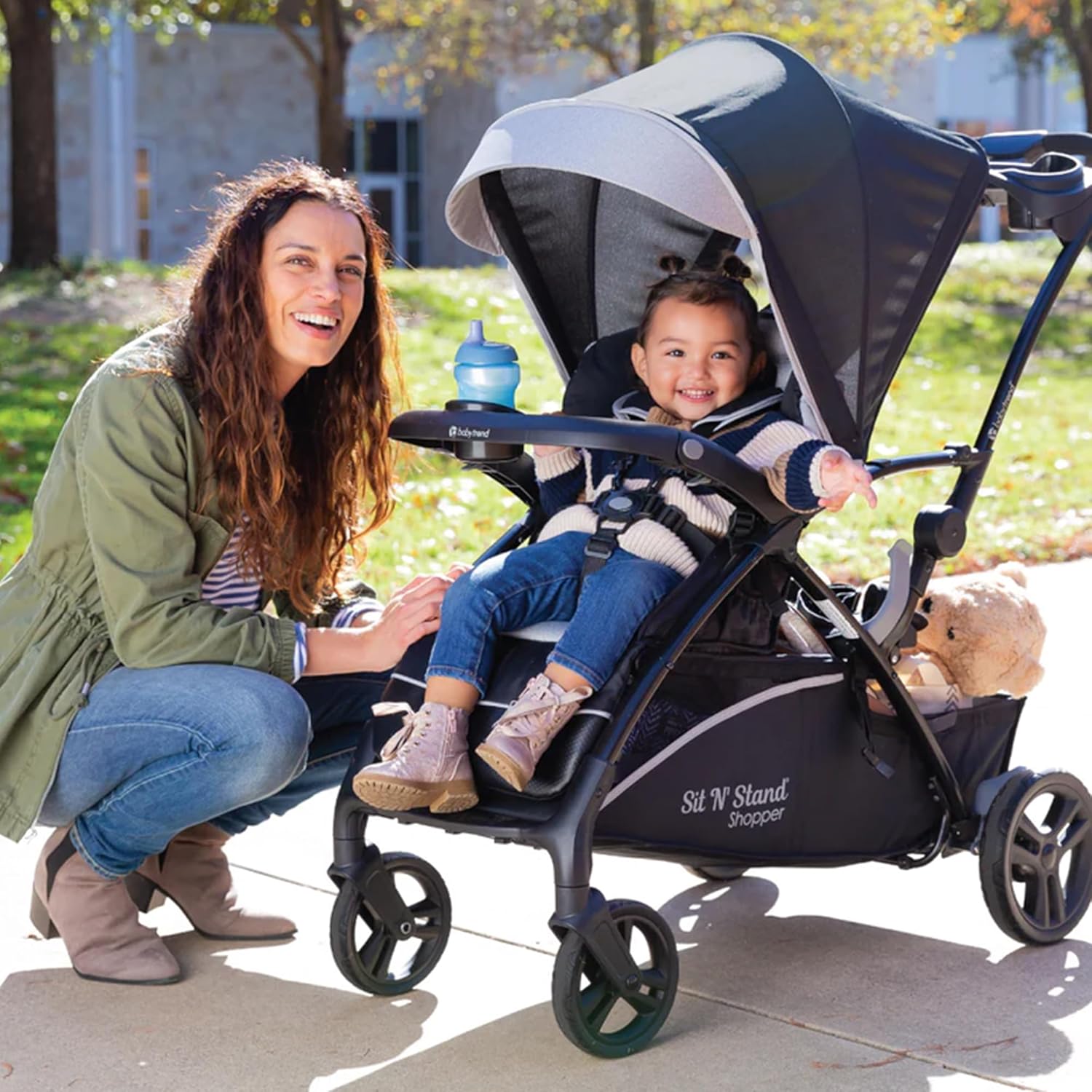 Baby Trend Sit N' Stand 5-in-1 Collapsible Shopper Stroller with Canopy, Visor, Extendable Storage Basket, Phone Tray, and 2 Cup Holders, Modern Khaki